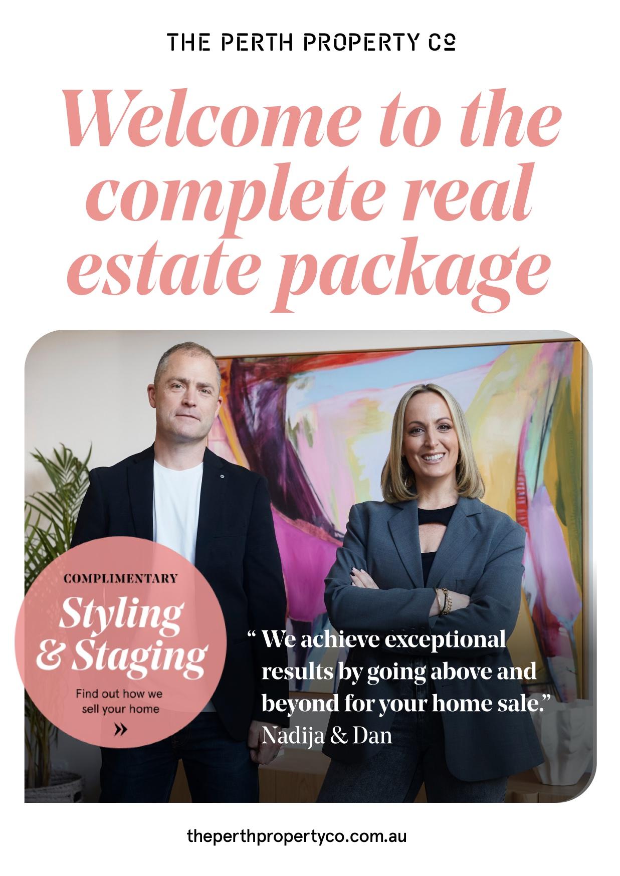 Brand brochure cover: “Welcome to the complete real estate package”, with Nadija and Dan