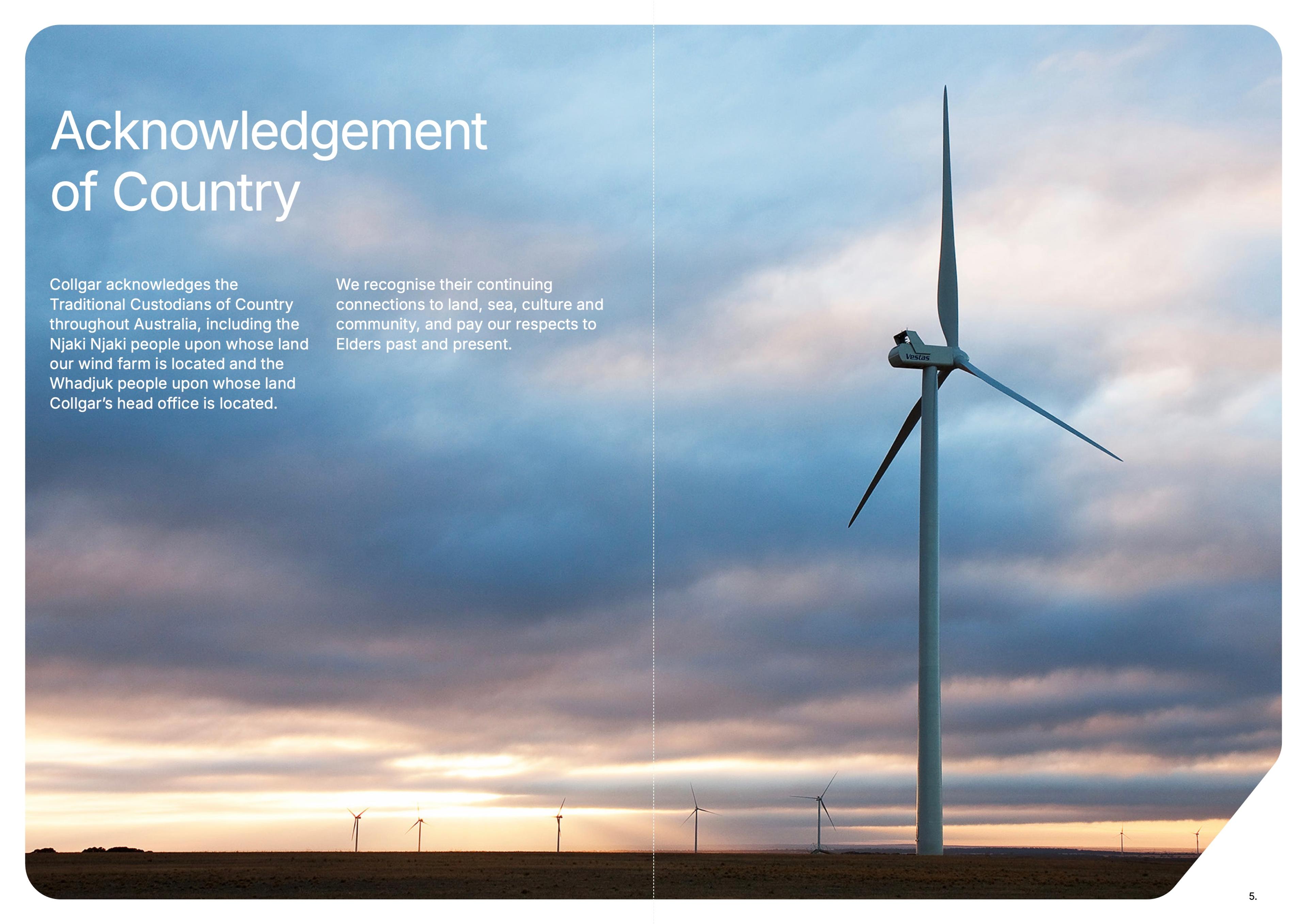 Acknowledgement of Country spread: a turbine under a cloudy dawn sky