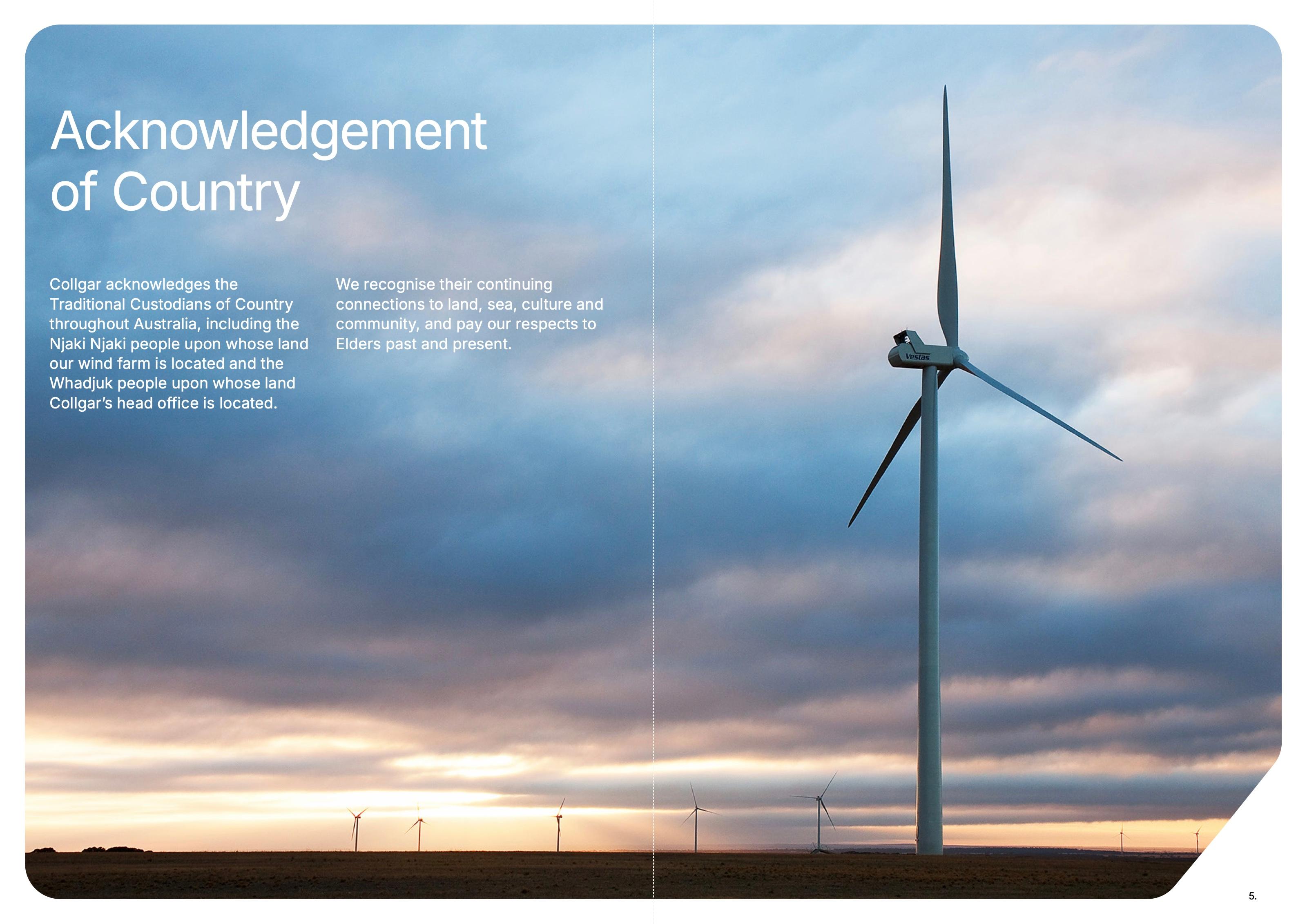 Acknowledgement of Country spread: a turbine under a cloudy dawn sky