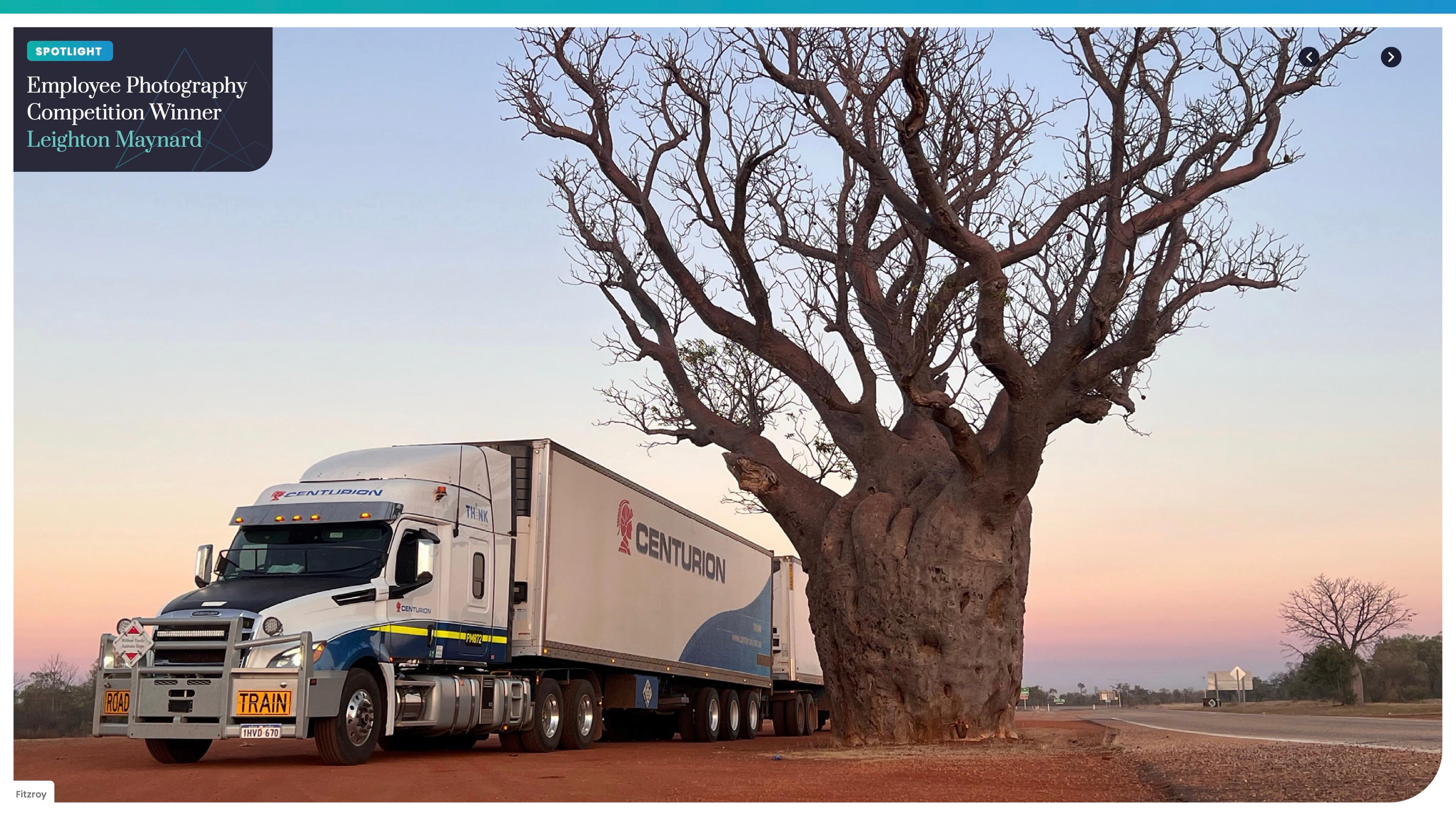 Spotlight spread: a Centurion road train beside a boab tree at Fitzroy, by Leighton Maynard