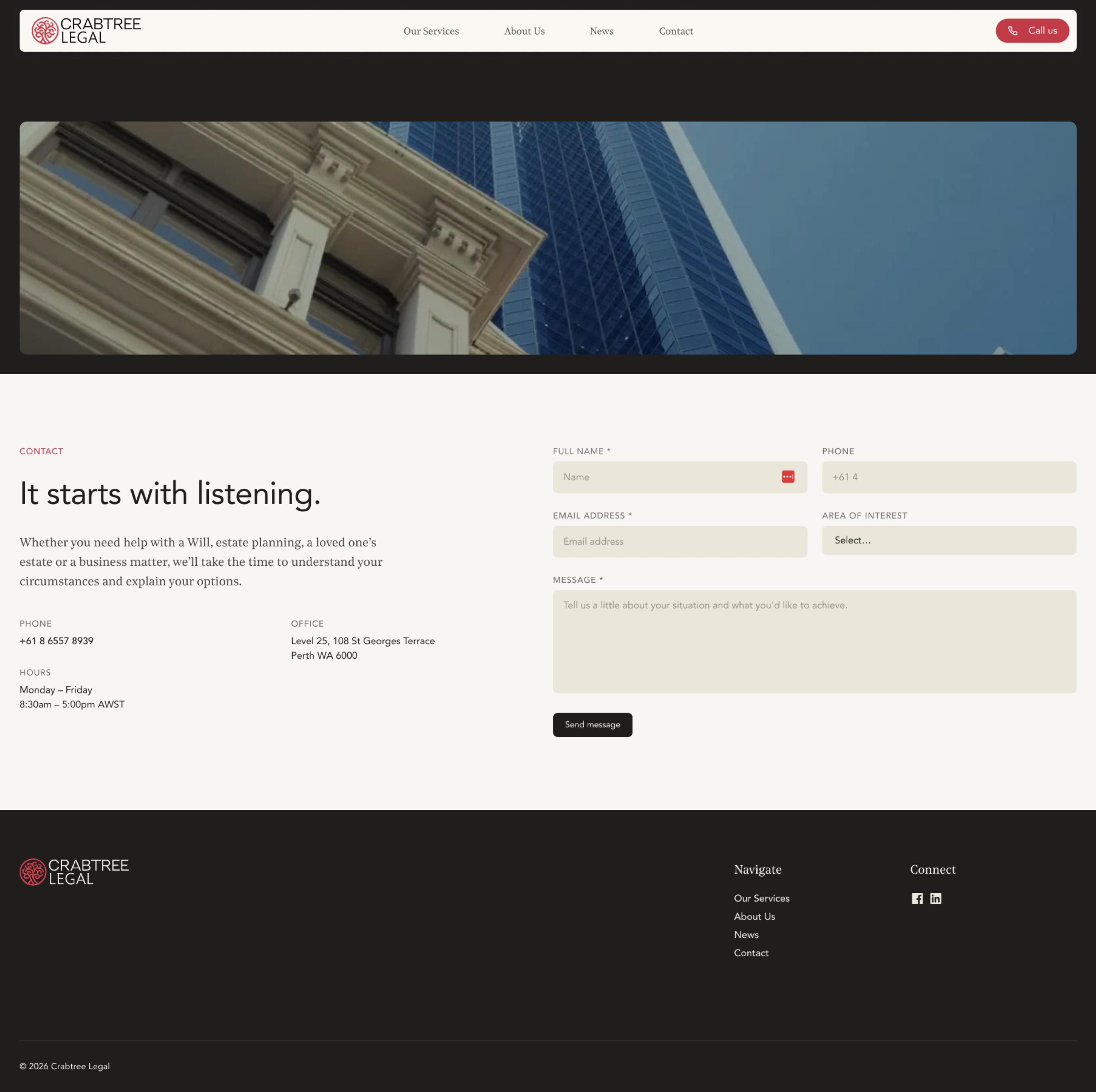 The Crabtree Legal website contact page: It starts with listening