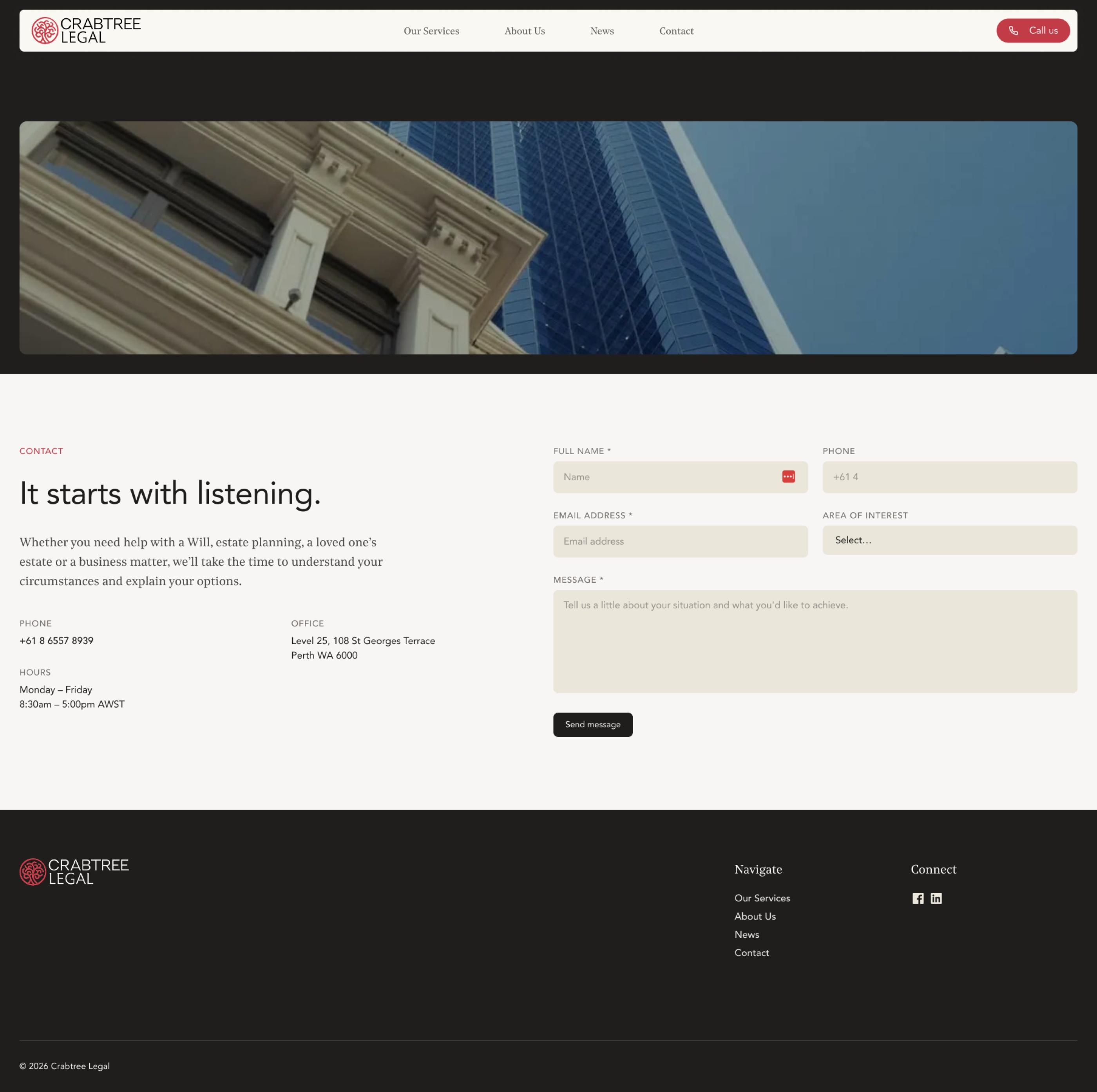 The Crabtree Legal website contact page: It starts with listening