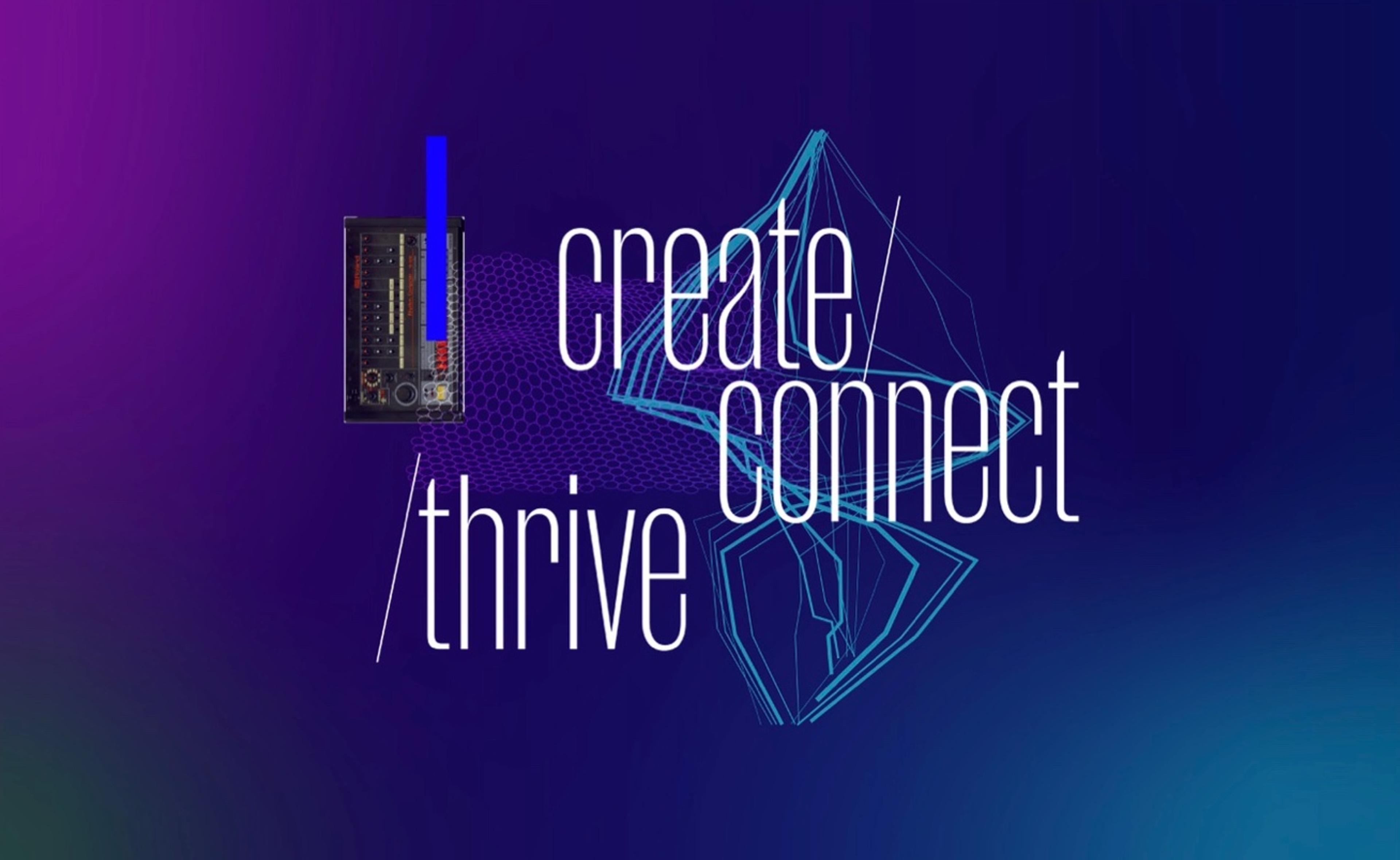 Storyboard frame 3: create, connect, thrive set in tall, thin type over a wireframe
