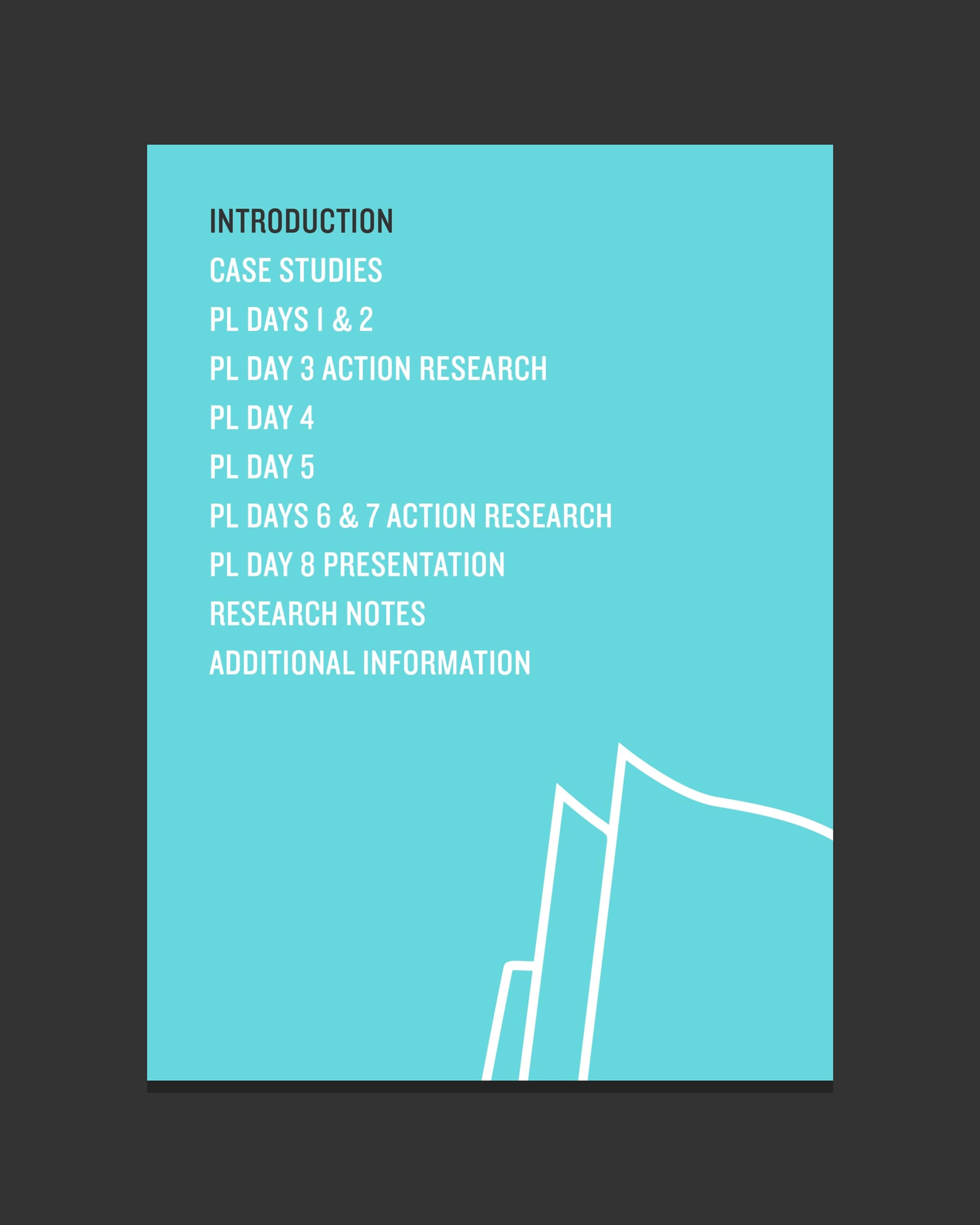 A blue folder divider listing the sections of the program, with the open book graphic device