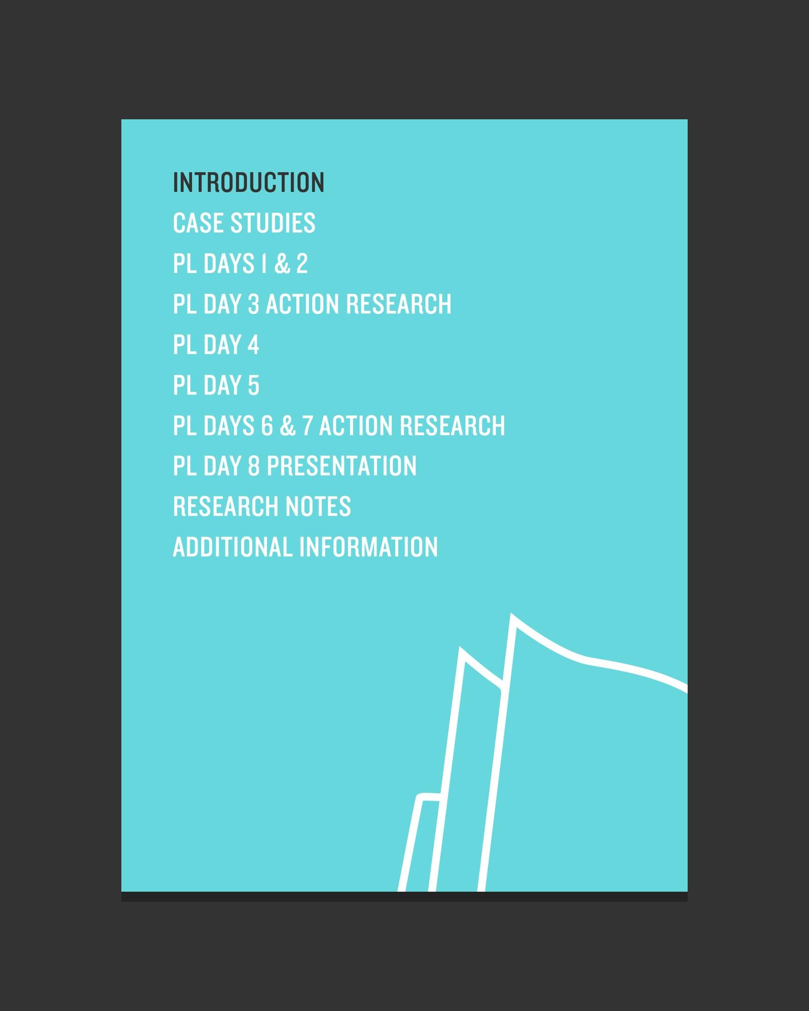 A blue folder divider listing the sections of the program, with the open book graphic device