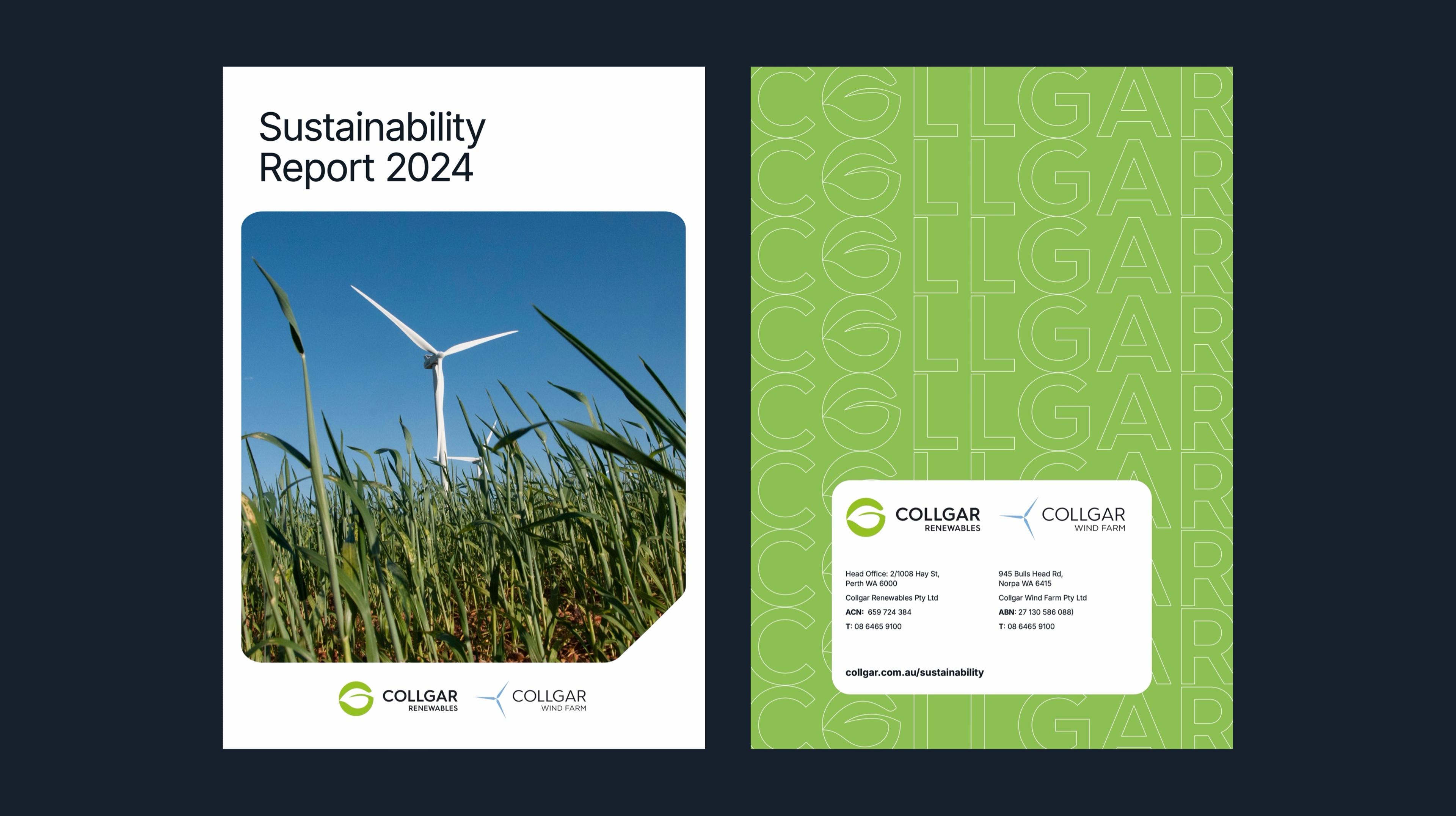 Front and back covers of Collgar’s 2024 Sustainability Report: a turbine above green wheat, and the COLLGAR wordmark repeated in outline on lime green