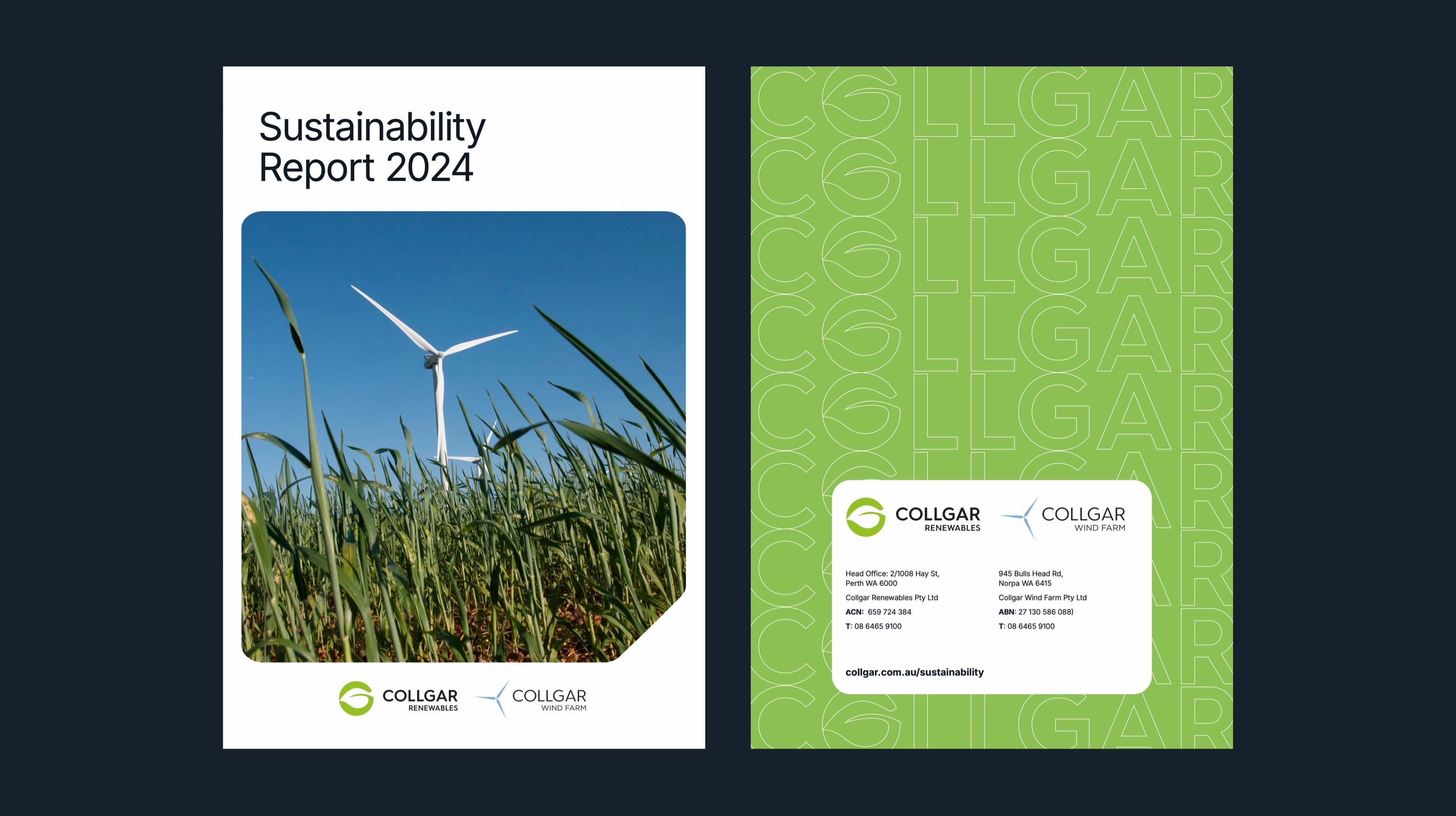 Front and back covers of Collgar’s 2024 Sustainability Report: a turbine above green wheat, and the COLLGAR wordmark repeated in outline on lime green