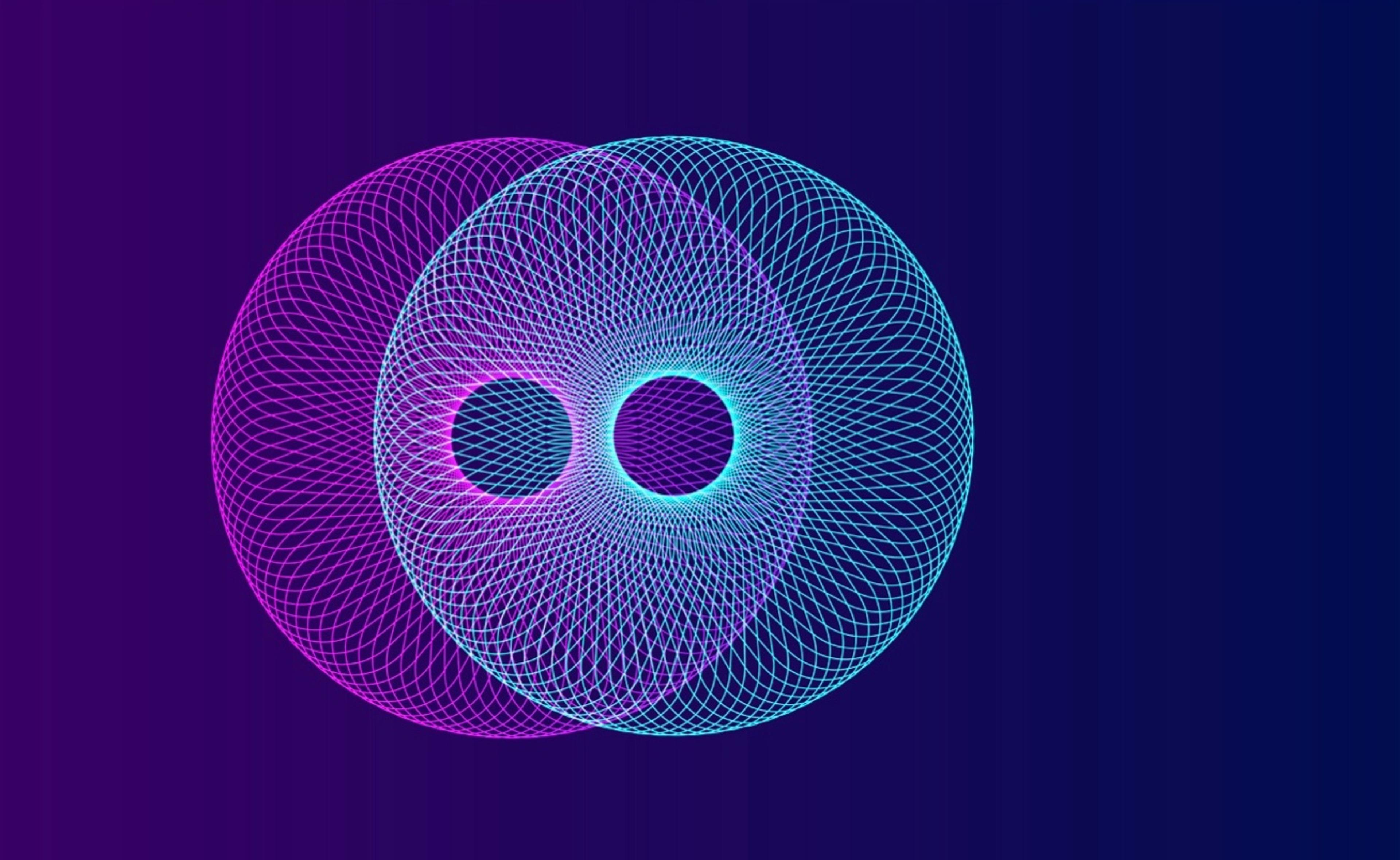 Storyboard frame 4: two rings of light overlapping in pink and aqua