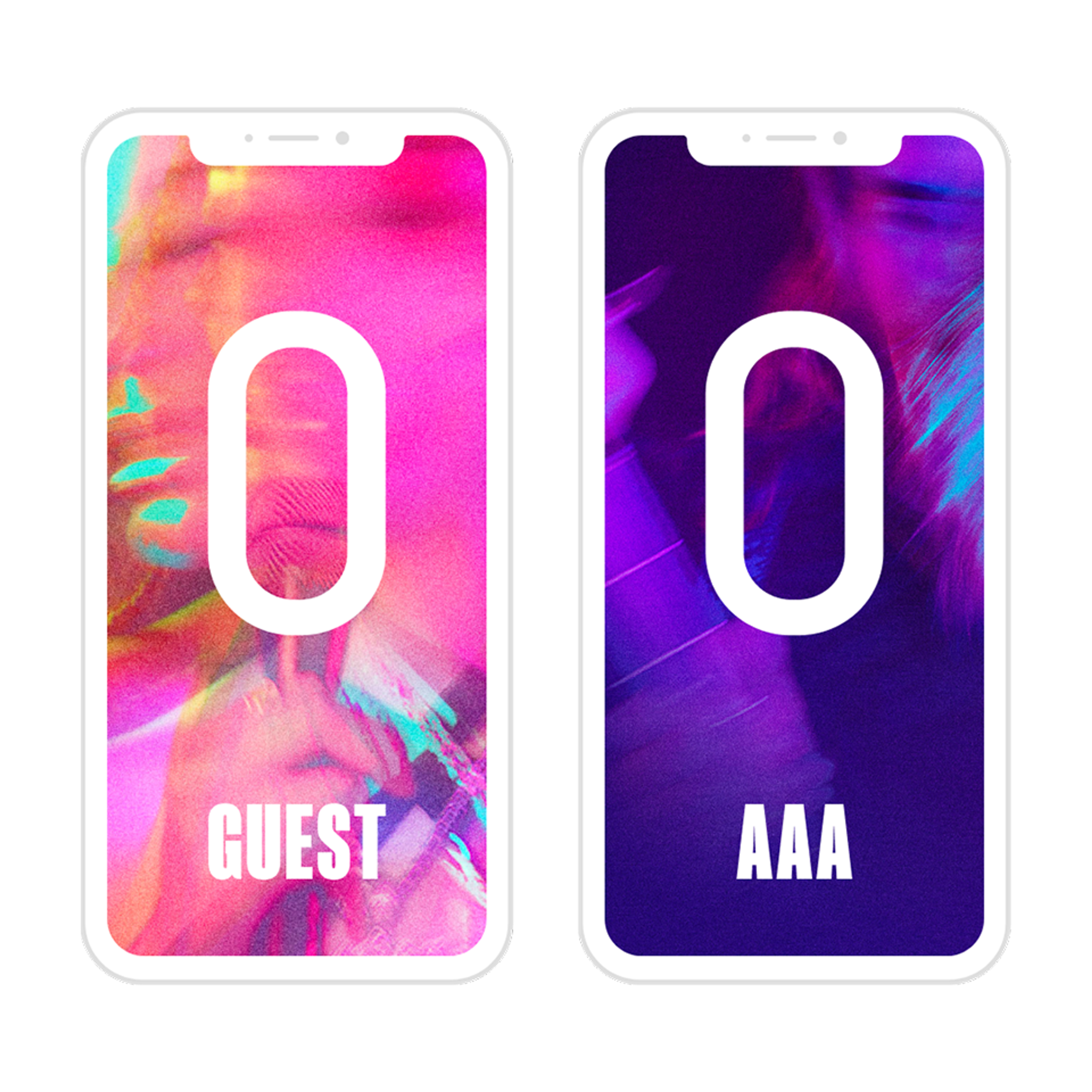 Event passes on phones: Guest and AAA, each with the O over a musician