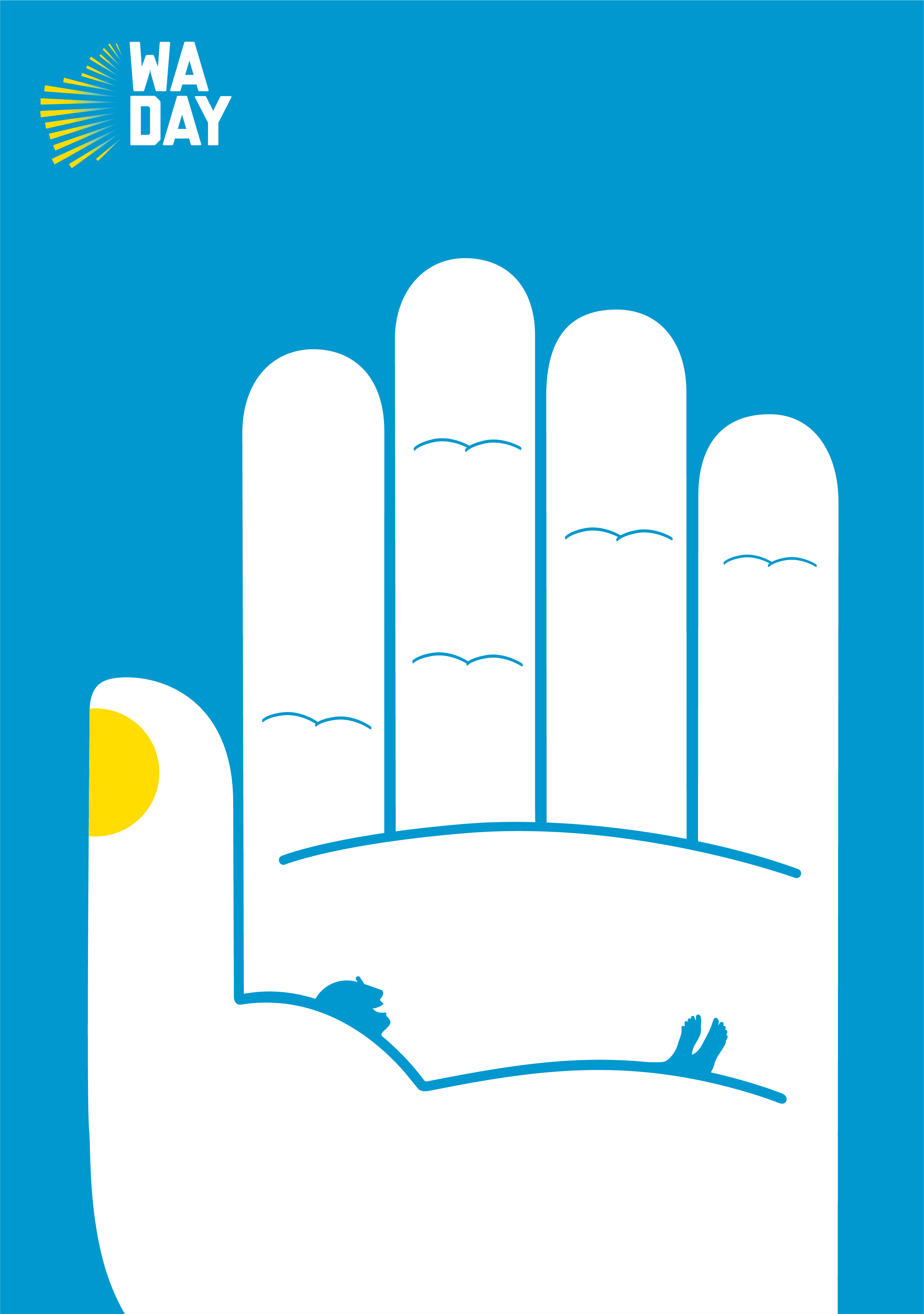 Noma Bar’s Pledge poster: a hand raised to take a pledge, with a beach and the setting sun across the palm