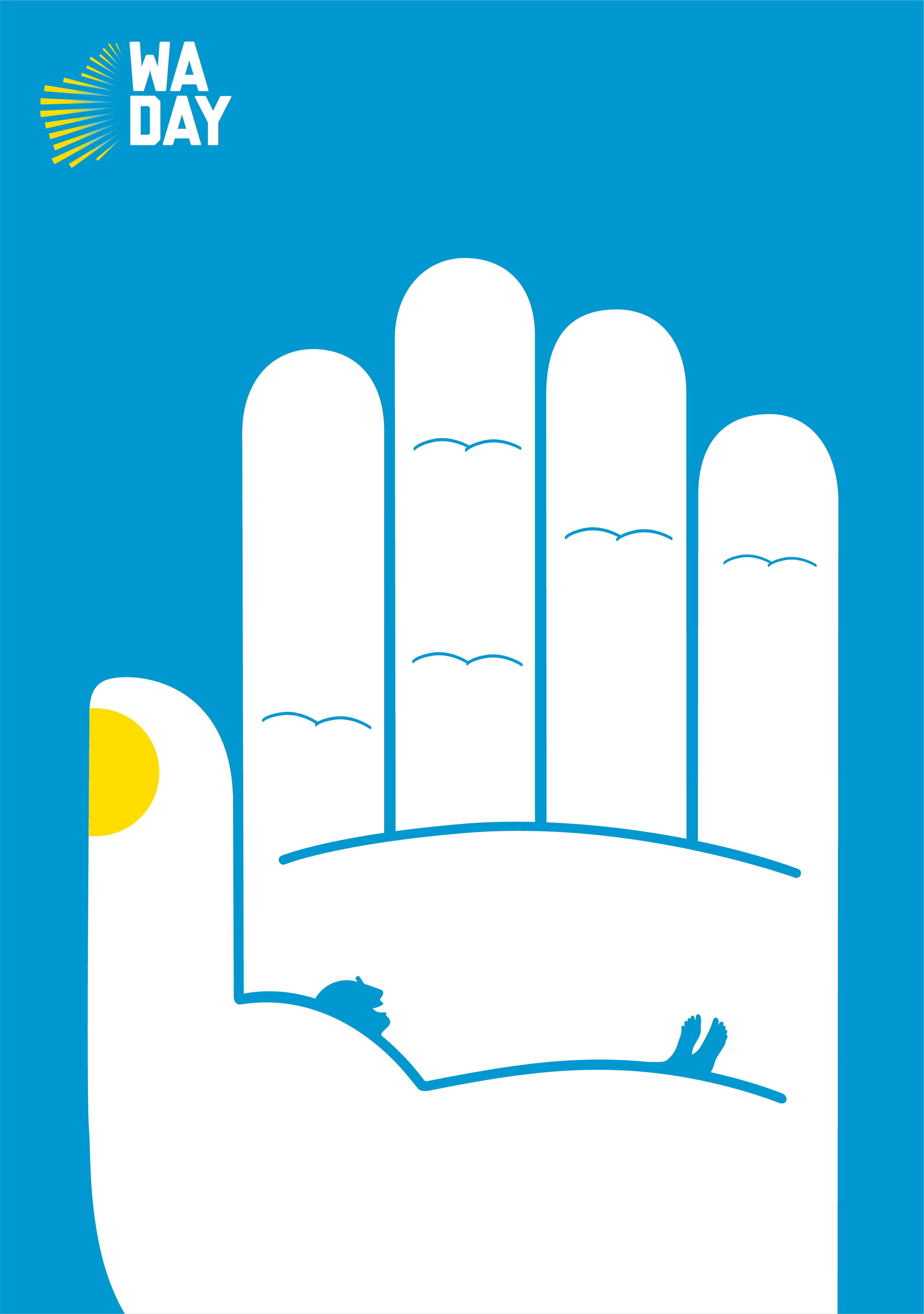 Noma Bar’s Pledge poster: a hand raised to take a pledge, with a beach and the setting sun across the palm