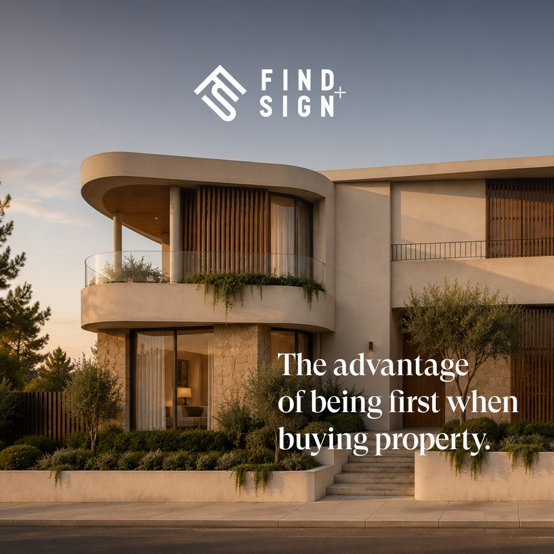 Ad reading “The advantage of being first when buying property” over a curved two-storey home at dusk