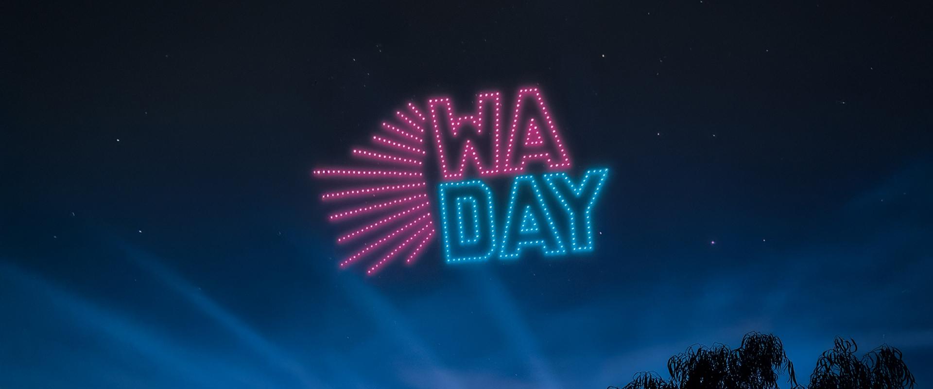 Drones forming the WA Day logo in the night sky over Perth’s Swan River
