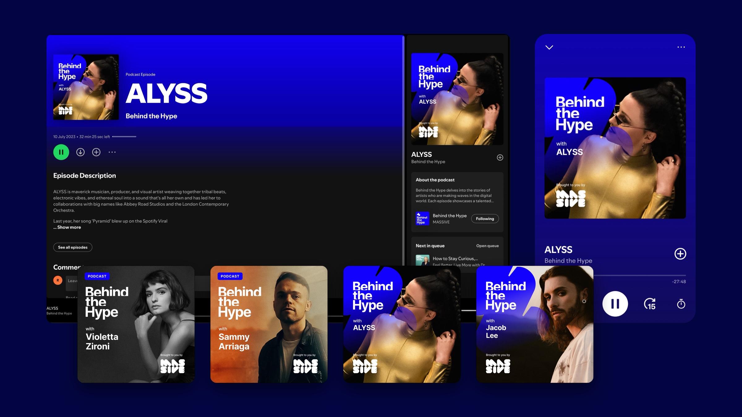 Behind the Hype on Spotify on desktop and phone, with episode tiles for Violetta Zironi, Sammy Arriaga, ALYSS and Jacob Lee laid over the screens