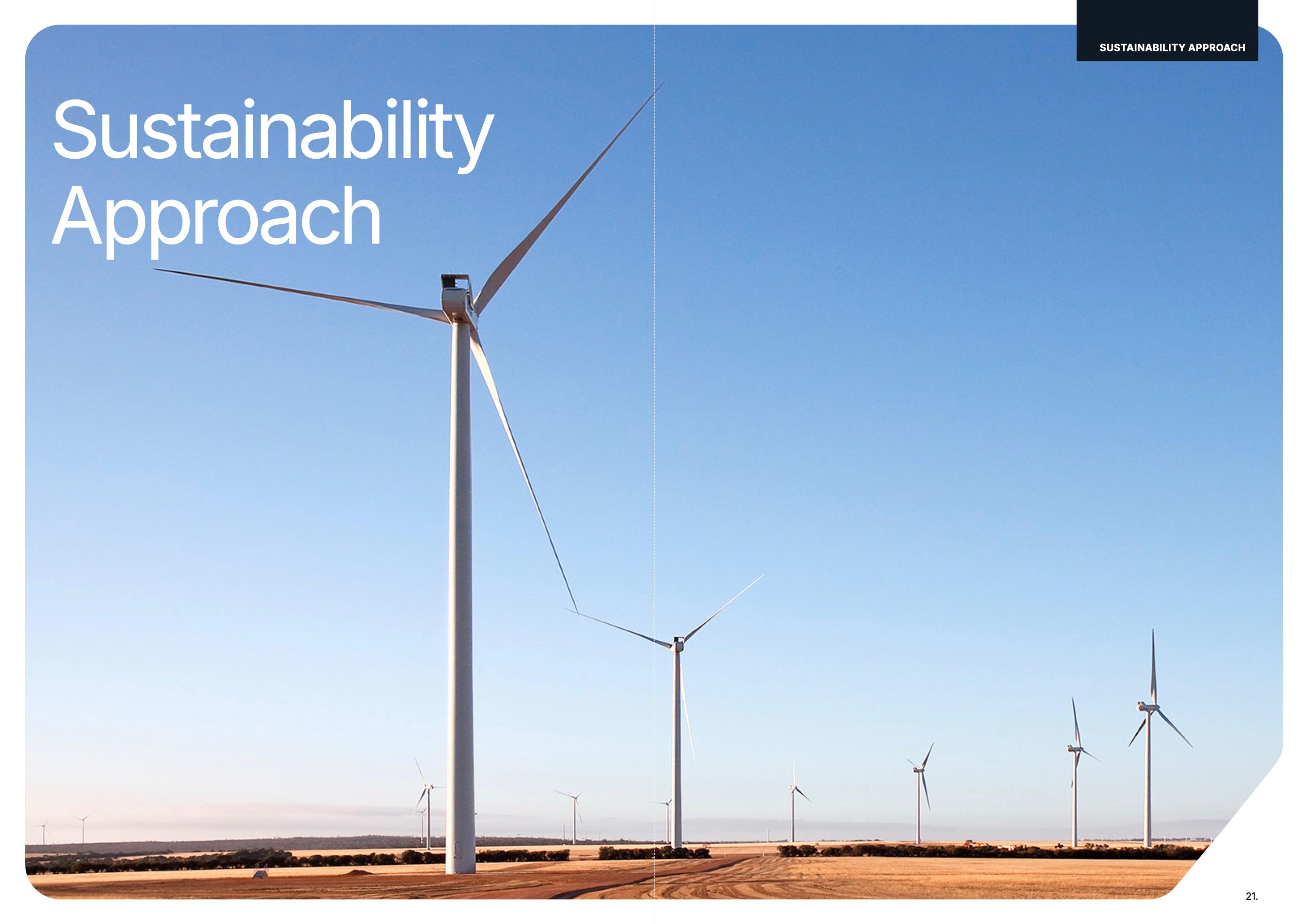 Sustainability Approach spread: turbines stretching across the Wheatbelt under a blue sky