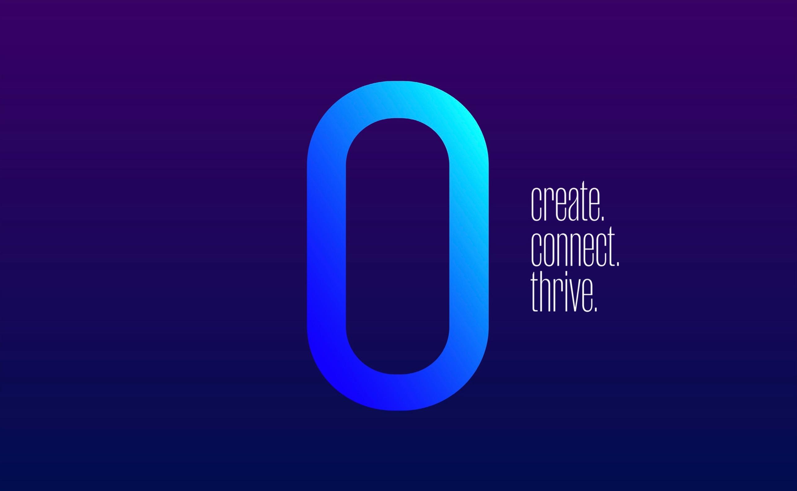 The gradient O beside create. connect. thrive. on deep purple, the last frame of the website animation