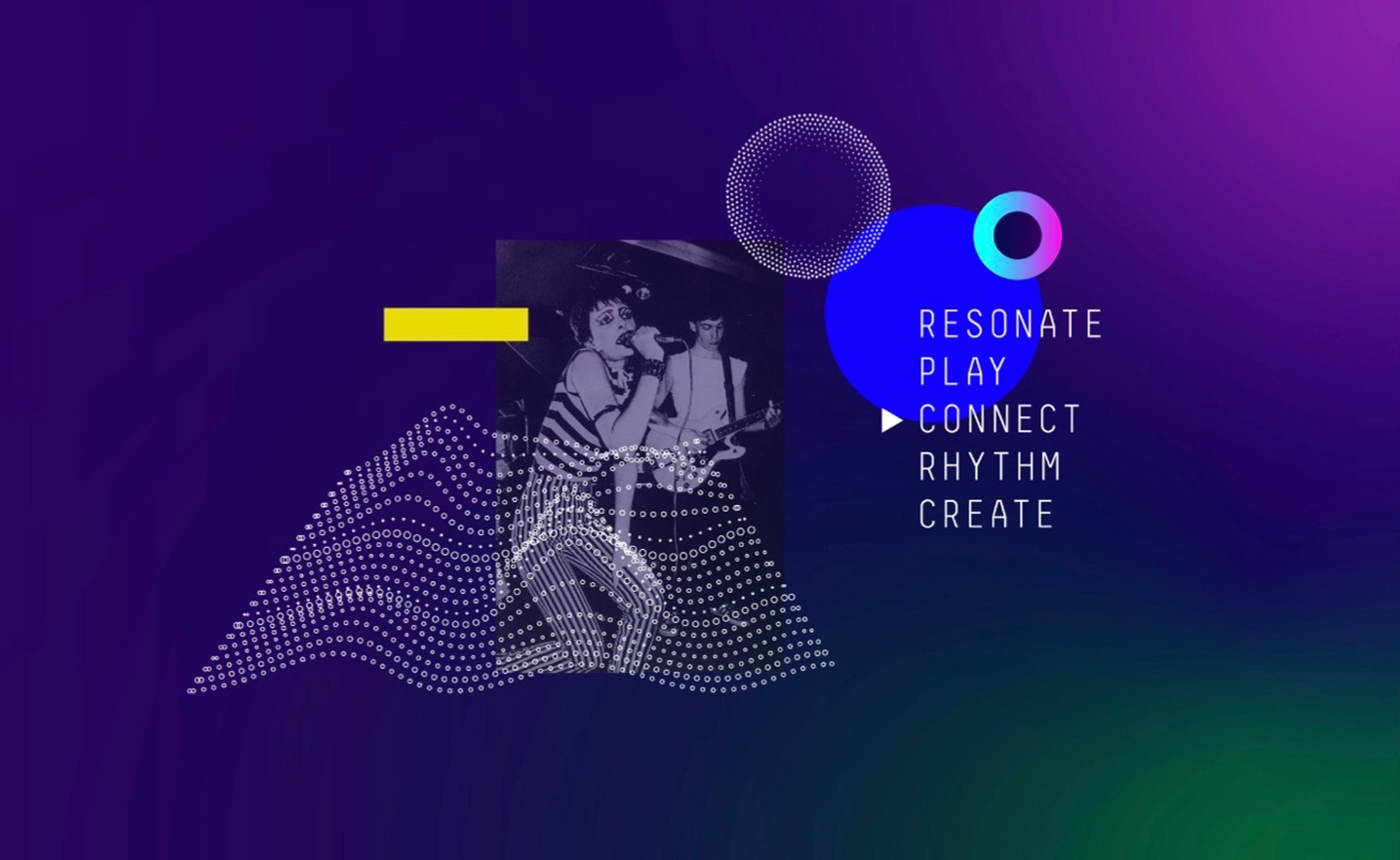 Storyboard frame 2: a performer inside the particle wave, with a menu of Resonate, Play, Connect, Rhythm, Create