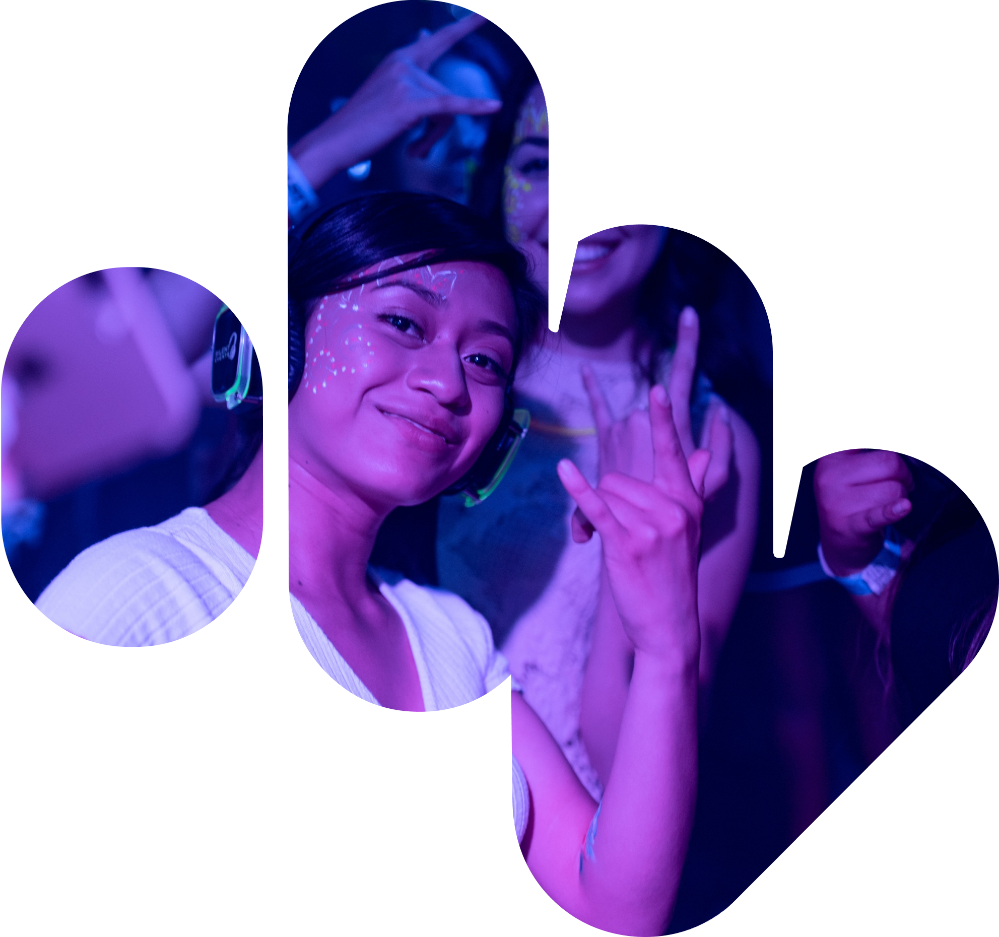 The Massive symbol filled with a photo of fans dancing under purple light
