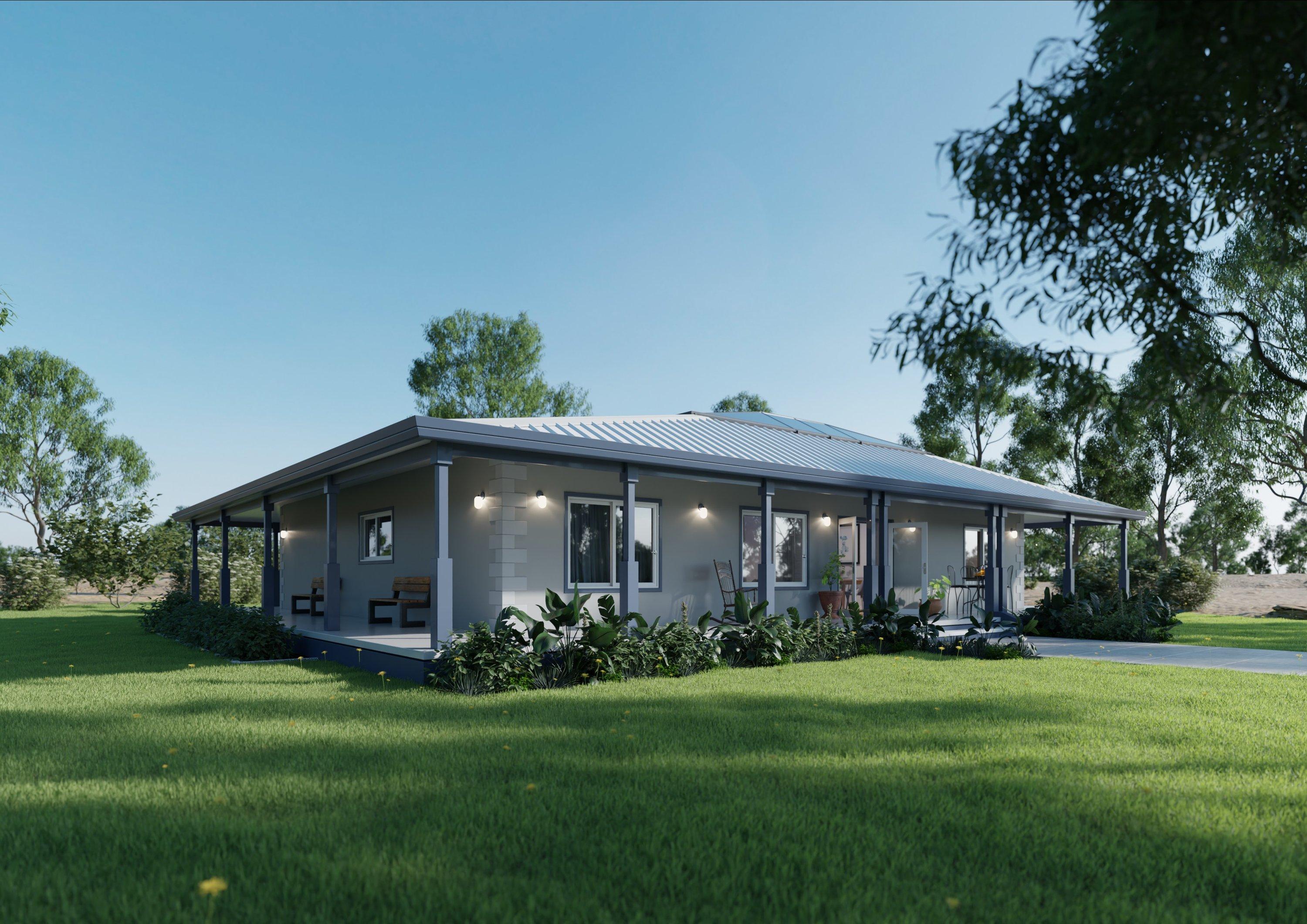 Farmhouse with a wraparound verandah, set on a lawn