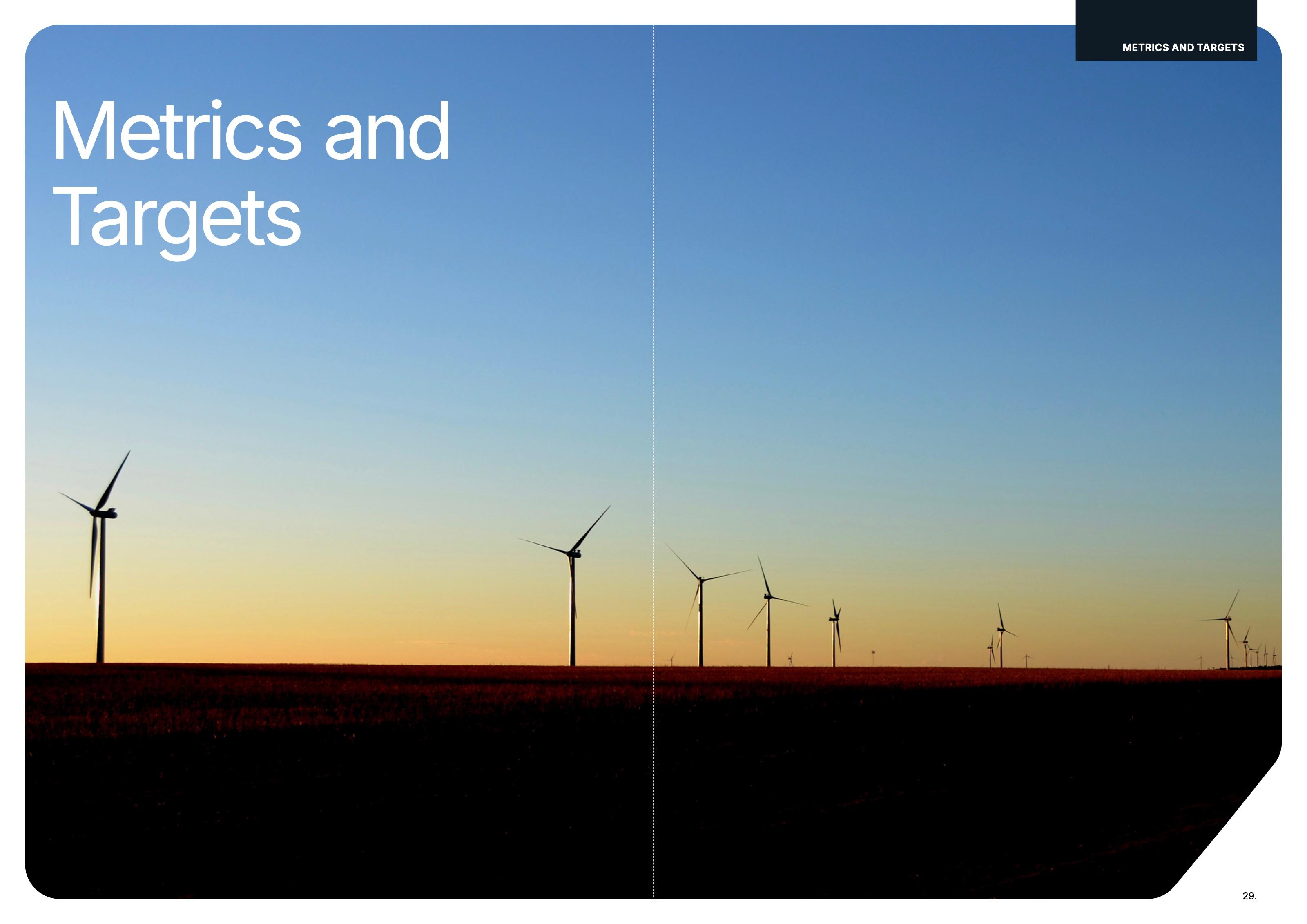 Metrics and Targets spread: turbines silhouetted against a sunset