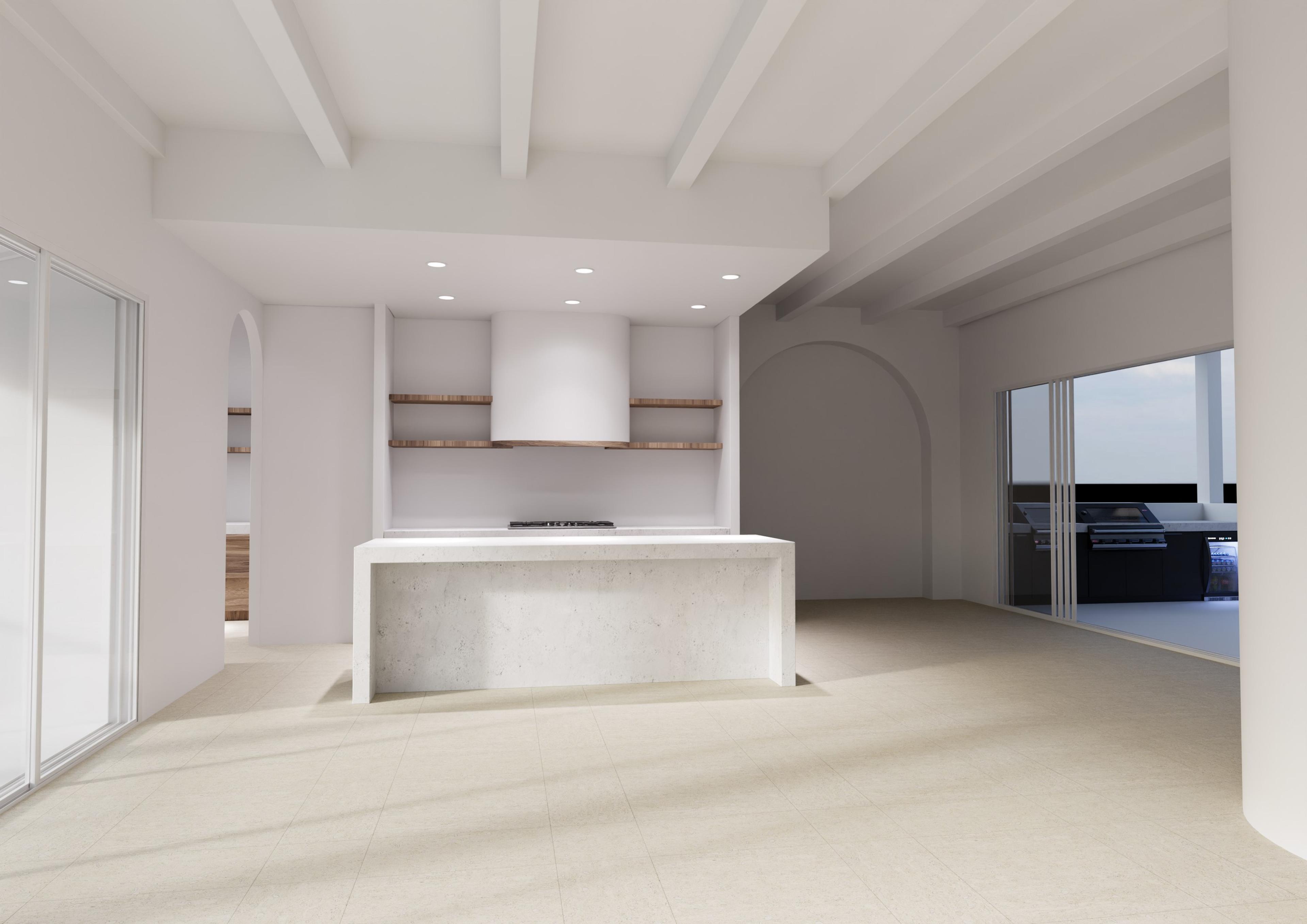 Kitchen ceiling option 1: beams running across the room