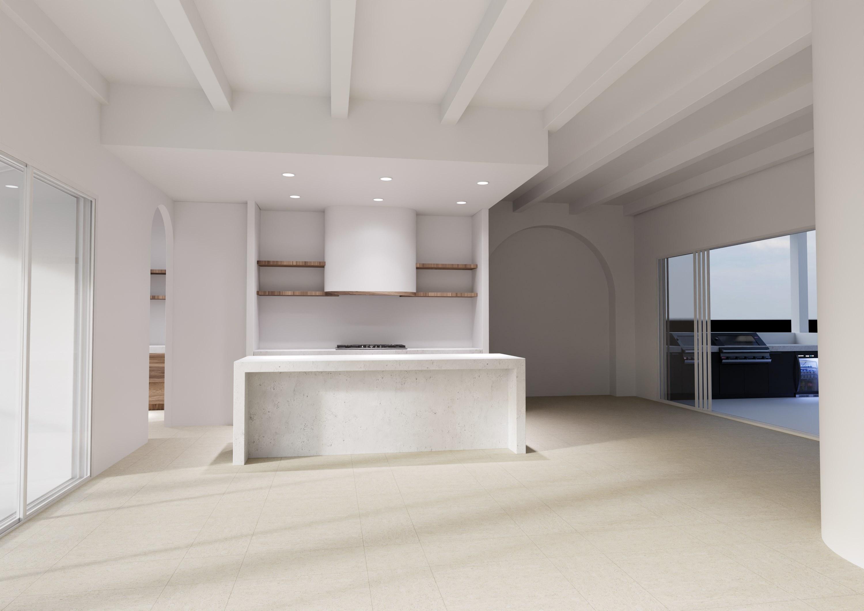 Kitchen ceiling option 1: beams running across the room