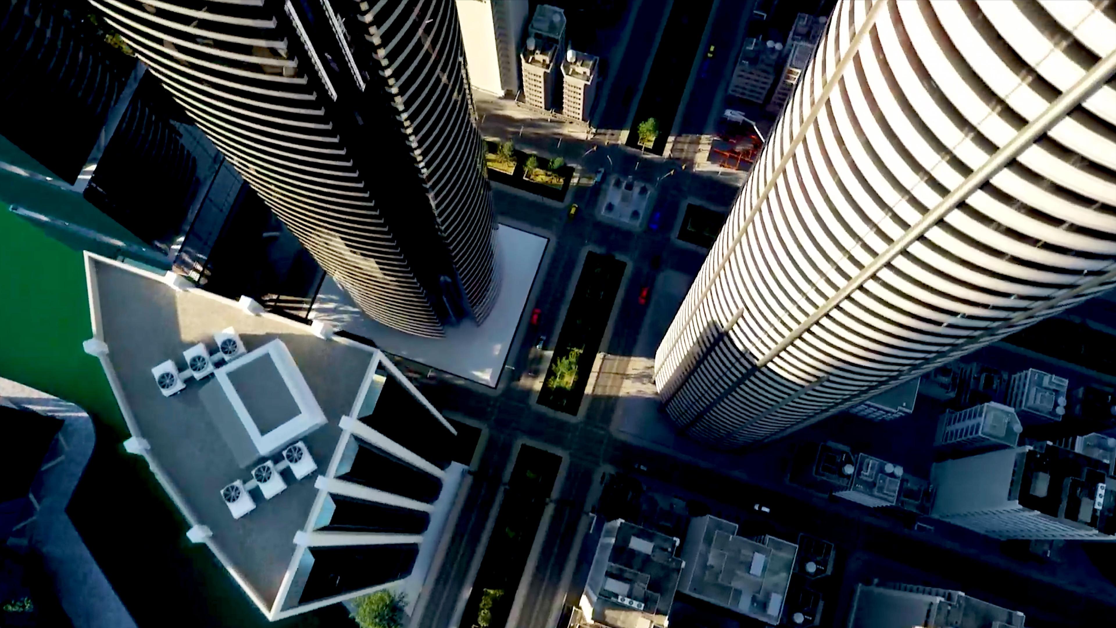 Aerial view between city towers