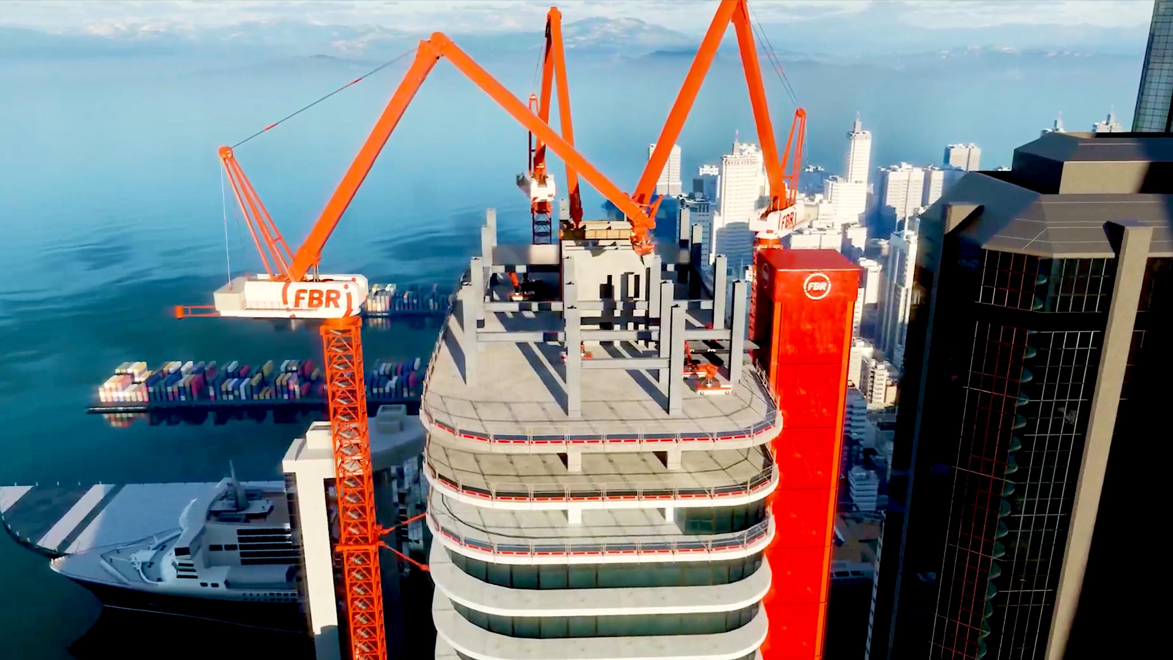 FBR cranes on a tower above the harbour