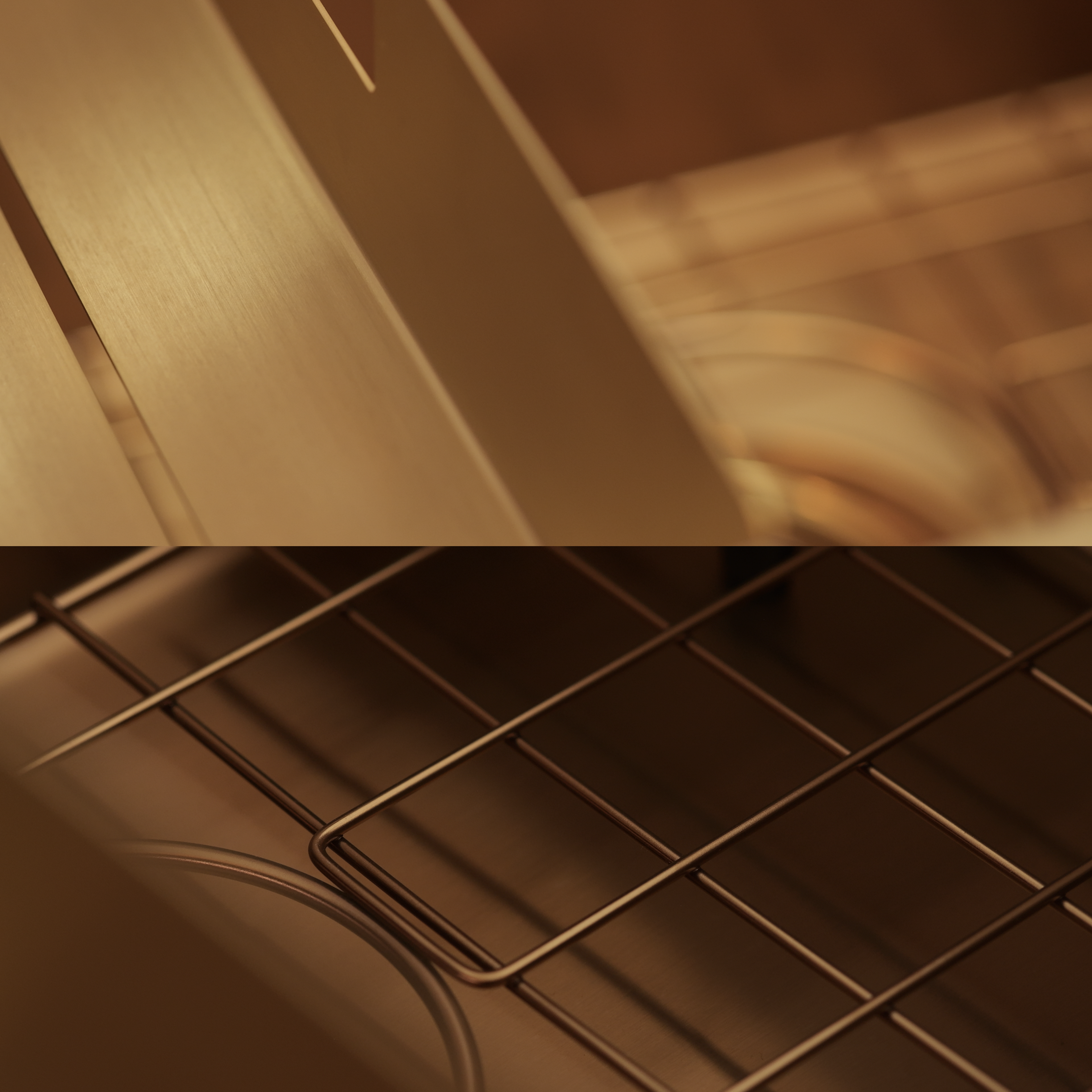 Close-up of brushed brass and a sink grid, from Home Base brand imagery