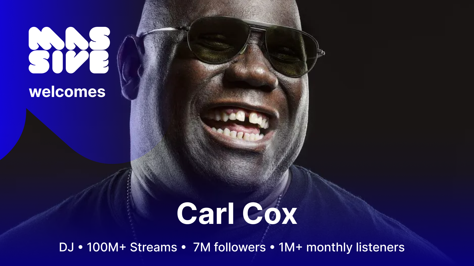 Massive welcomes Carl Cox: a pitch deck card with the artist’s photo