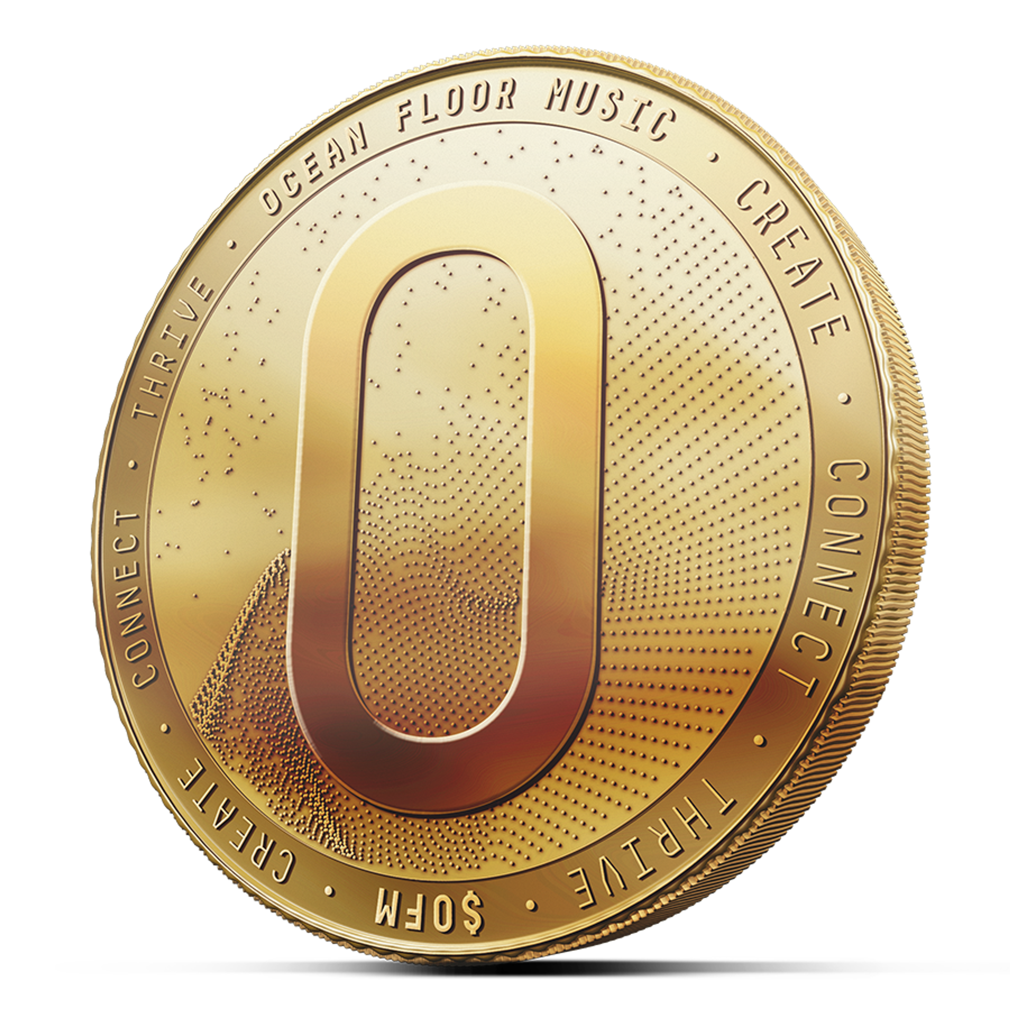 The gold $OFM coin, stamped with the O and create, connect, thrive