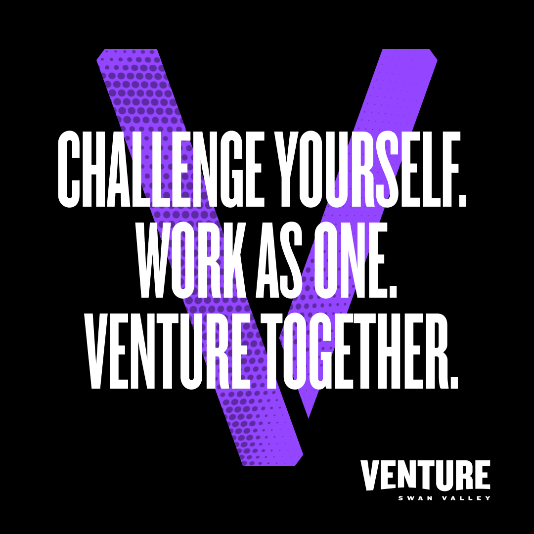 Post reading Challenge yourself. Work as one. Venture together. over a purple halftone V on black