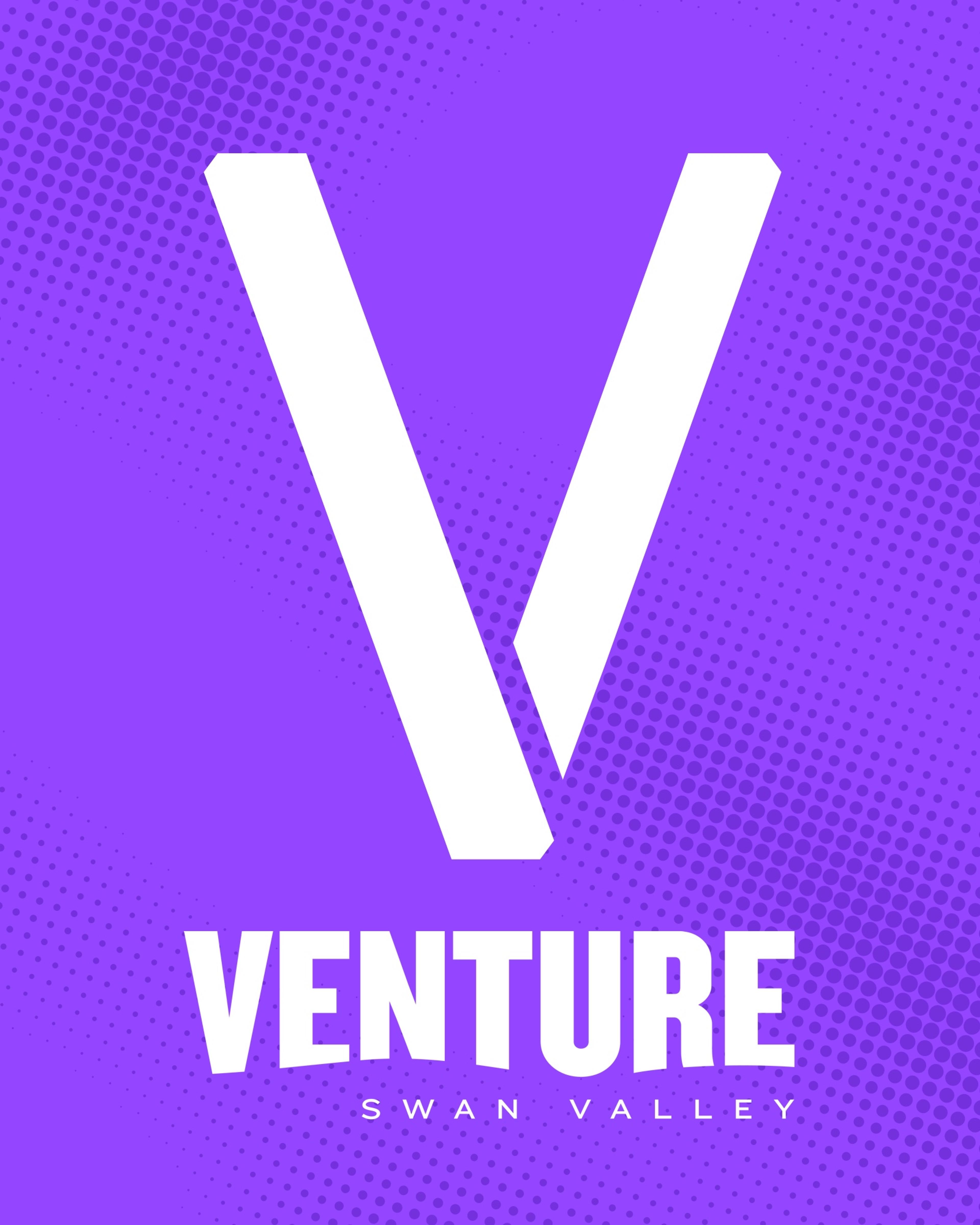 The white Venture V and VENTURE Swan Valley logotype on a purple halftone background