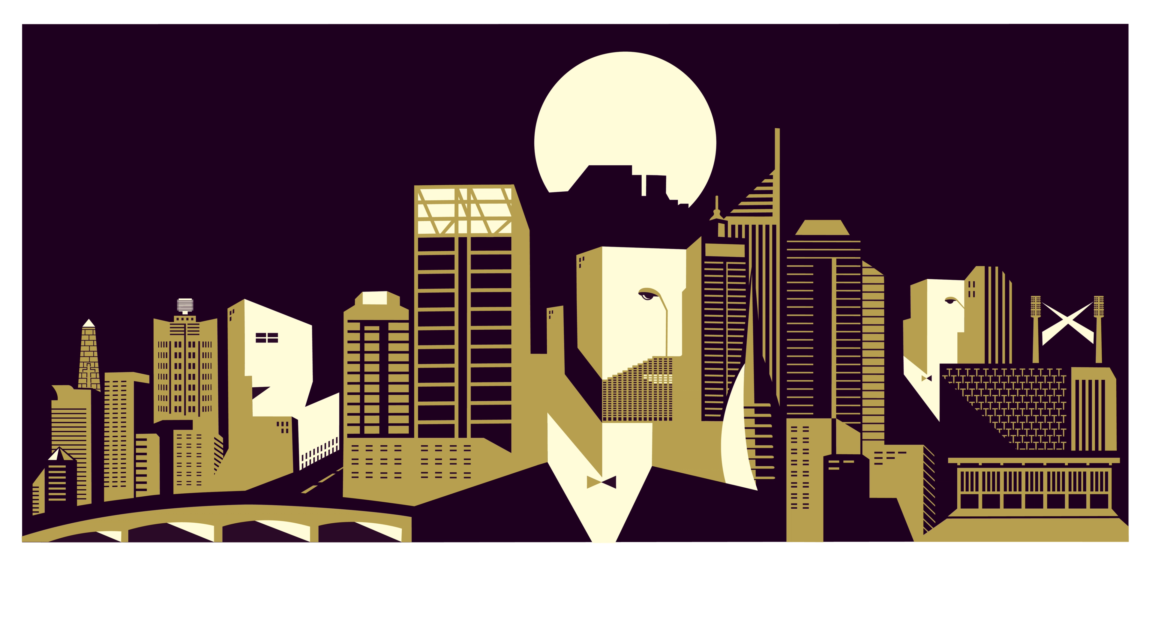 Noma Bar’s Western Australian of the Year artwork: a gold Perth skyline whose negative space reveals smartly dressed guests