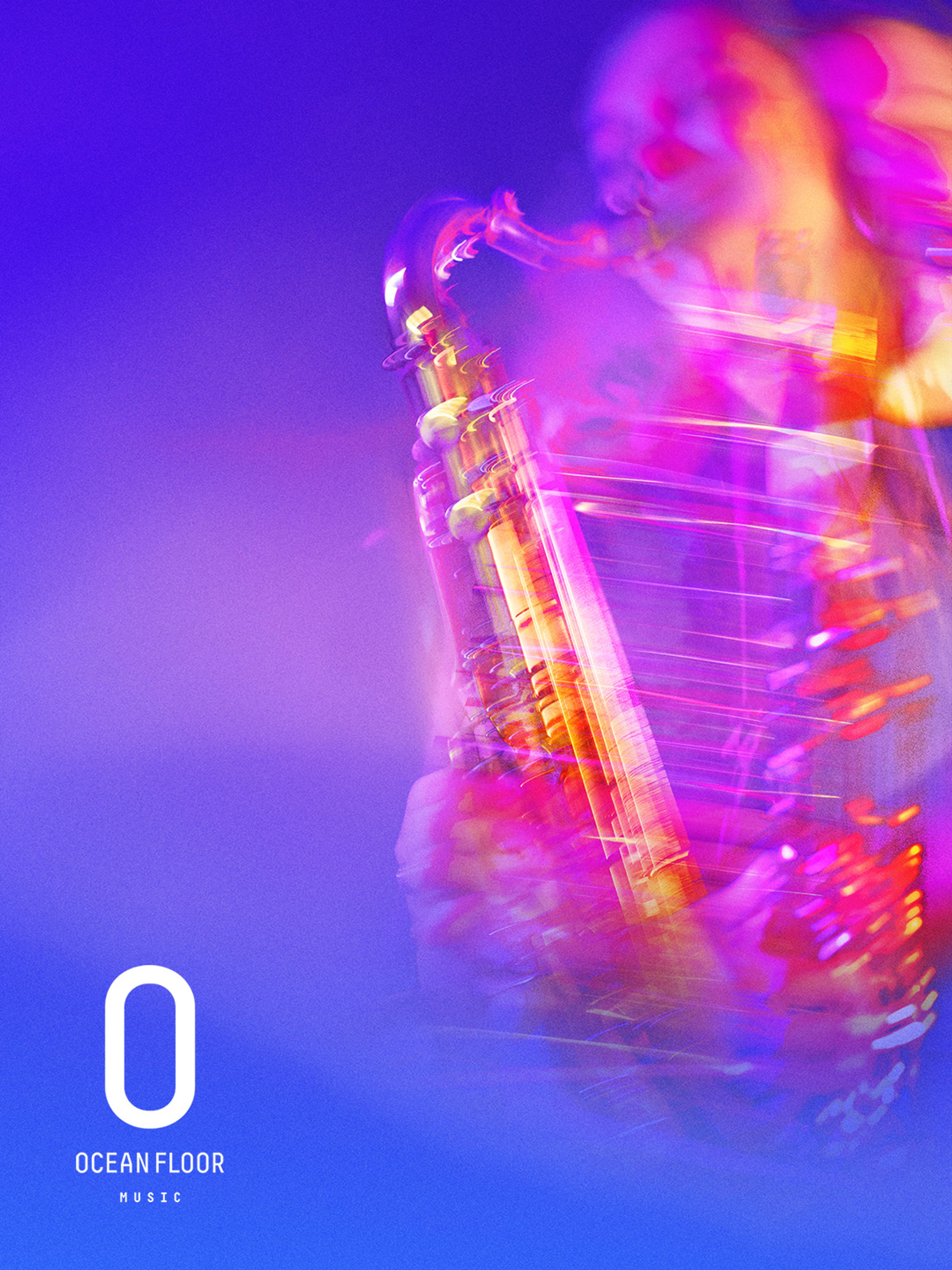 Campaign artwork: a saxophonist in blue and pink light with the Ocean Floor Music logo