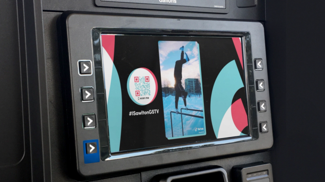 A mockup of TikTok videos appearing on a screen at a gas station operated by GSTV 