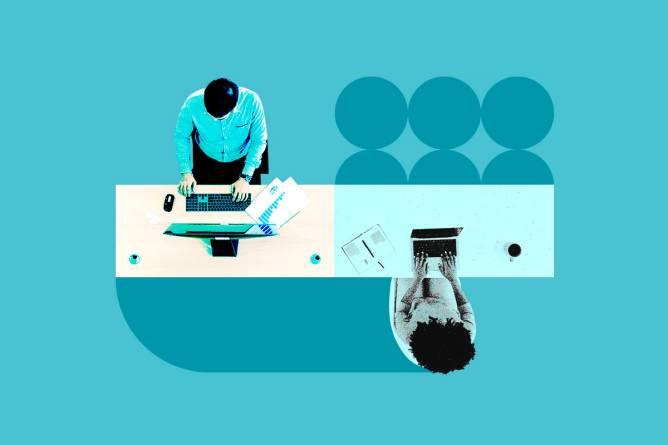 Split photo illustration of an in office worker and at home worker.