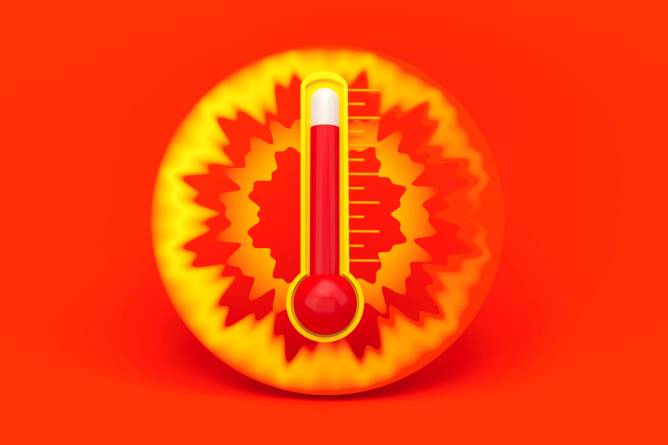 Computer generated image of hear wave with thermometer insides a red fiery ball
