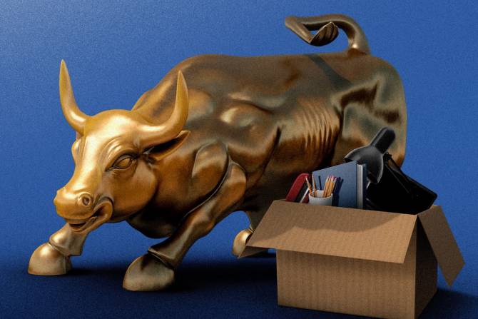 The Wall Street bull next to a box of office supplies