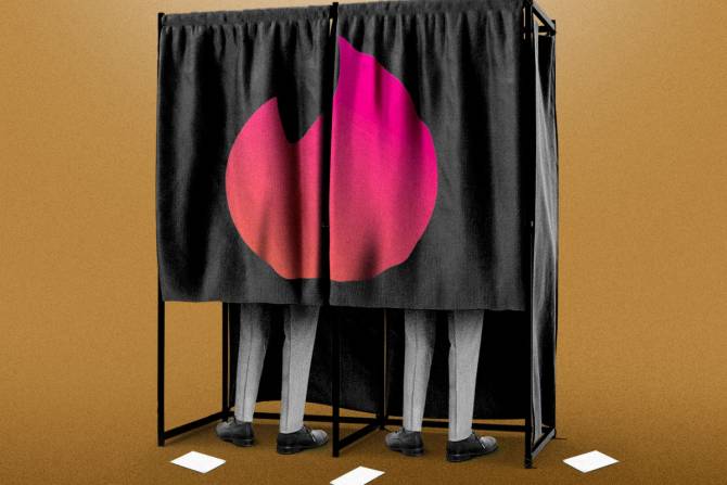 Two people voting behind a curtain with the Tinder logo on it