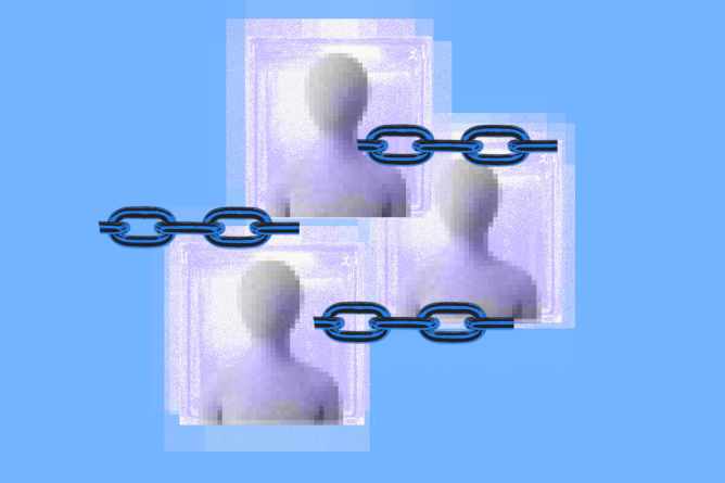 3 human avatars surrounded by chain links denoting blockchain in HR