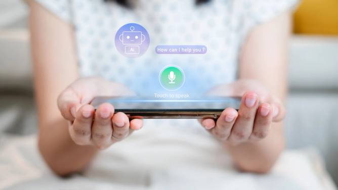 Image of a woman holding a tablet suggesting use of an AI chatbot to aid with shopping.