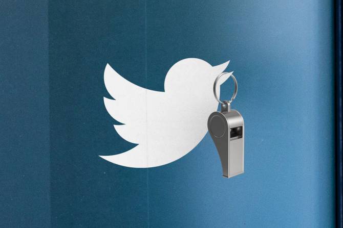 The twitter bird logo holds a whistle