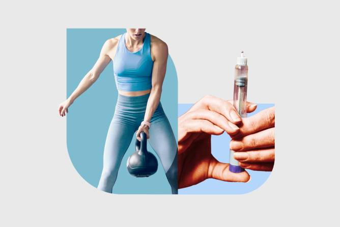 A photo composite of two hands hold a semaglutide pen next to a woman exercising with a kettleball.