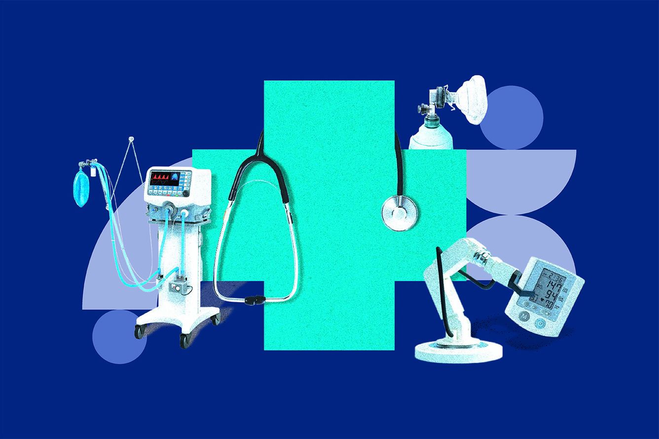 Mashup of hospital symbol, stethoscope, IV bag, oxygen tank, and other medical devices on orange background