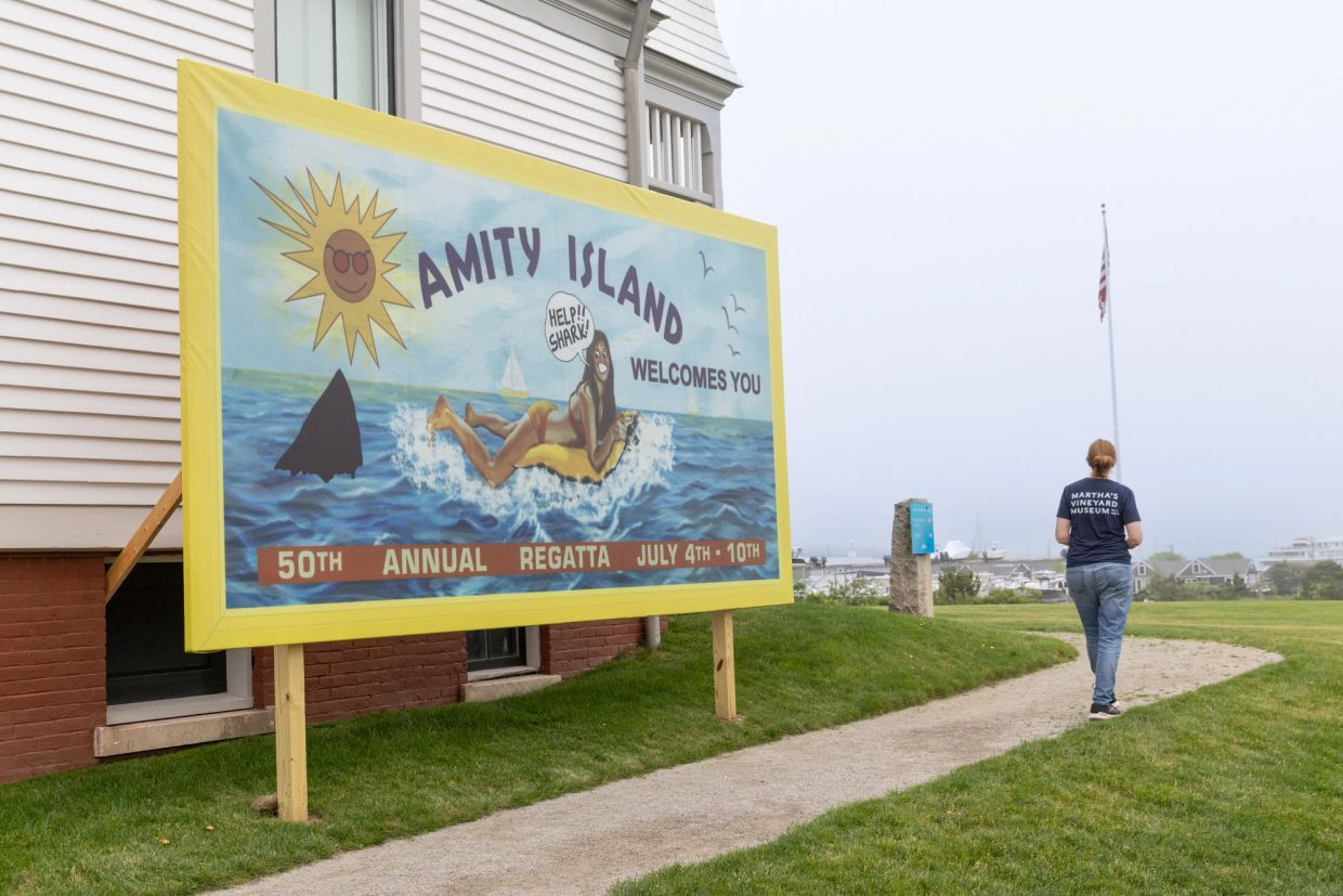 A replica of the Amity Island welcome sign sits outside of the Martha's Vineyard Museum