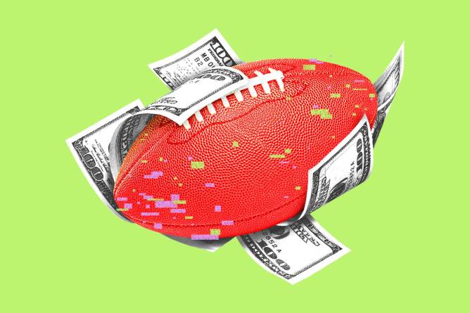 Illustration of a football wrapped in $100 bills