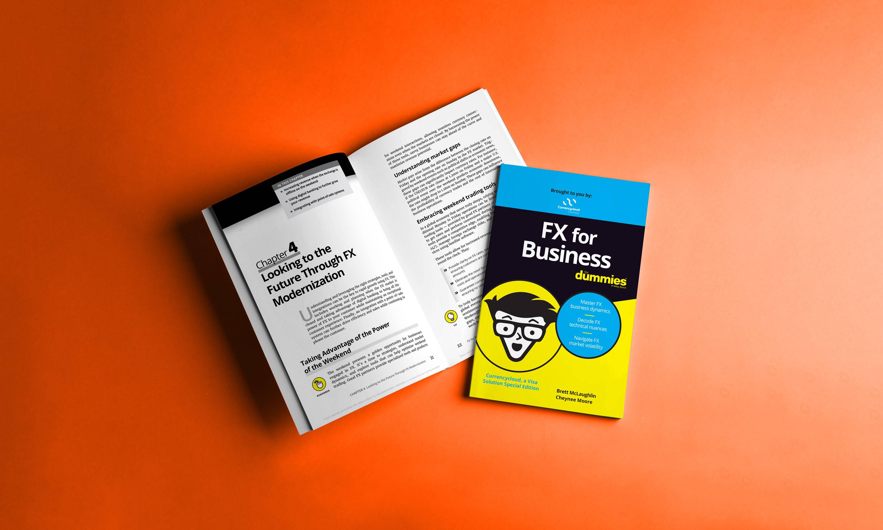 Orange background with "FX for Business" book opened on top