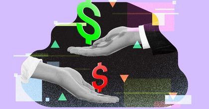 Two businesspeople holding out their hands toward each other with dollar signs floating above their hands