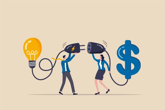 A graphic of one person holding a lightbulb attached to a plug, with another person holding a socket attached to a money sign. They're coming together to plug in money into the idea.